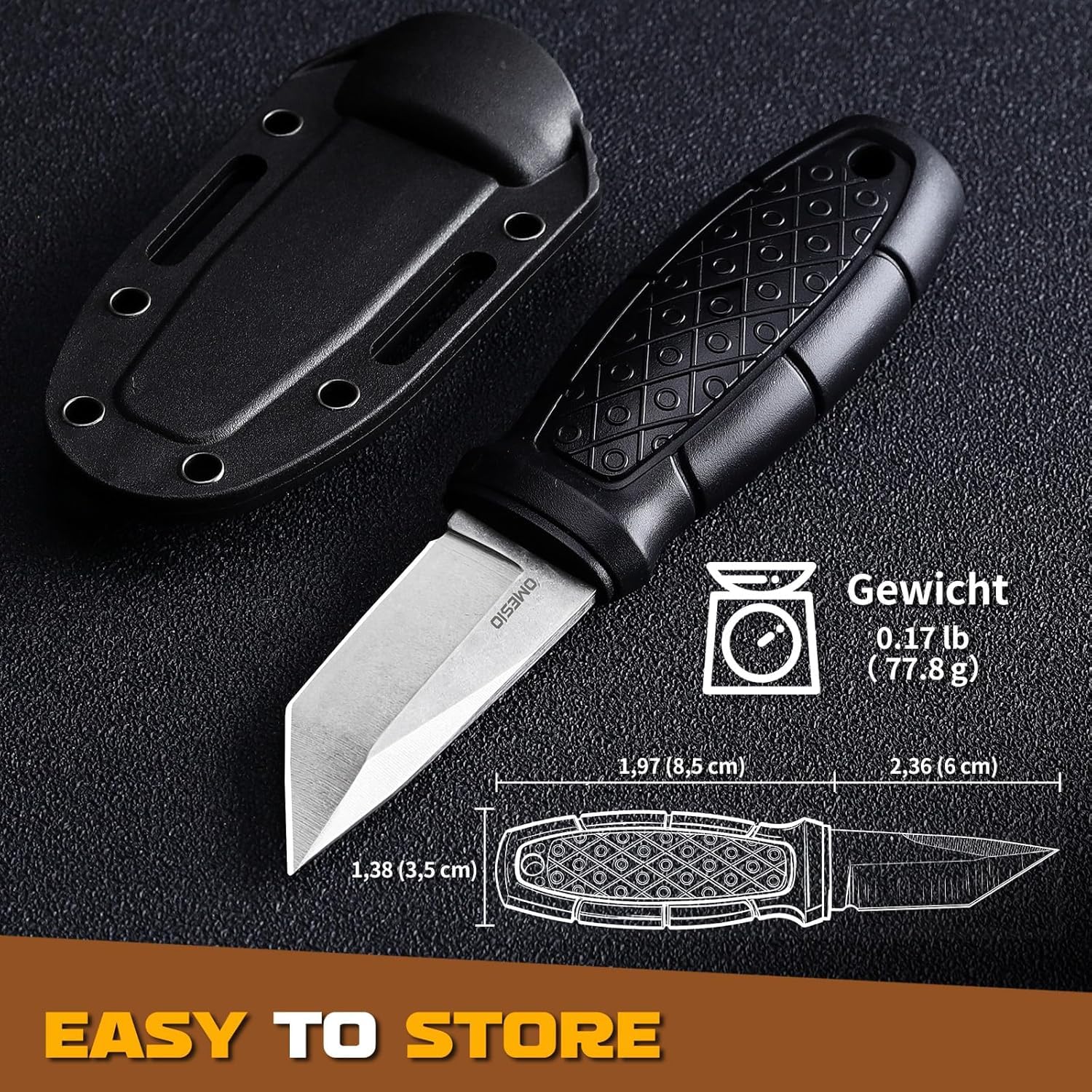 Omesio Coltello Da Caccia Tanto, Coltello Da Esterno Con Lama Da 6 Cm EDC, Manico in PP Con Lama in Acciaio 5cr14mov, Fodero in ABS, Catena a Sfere,Unisex, Adatto Per Escursionismo e Campeggio