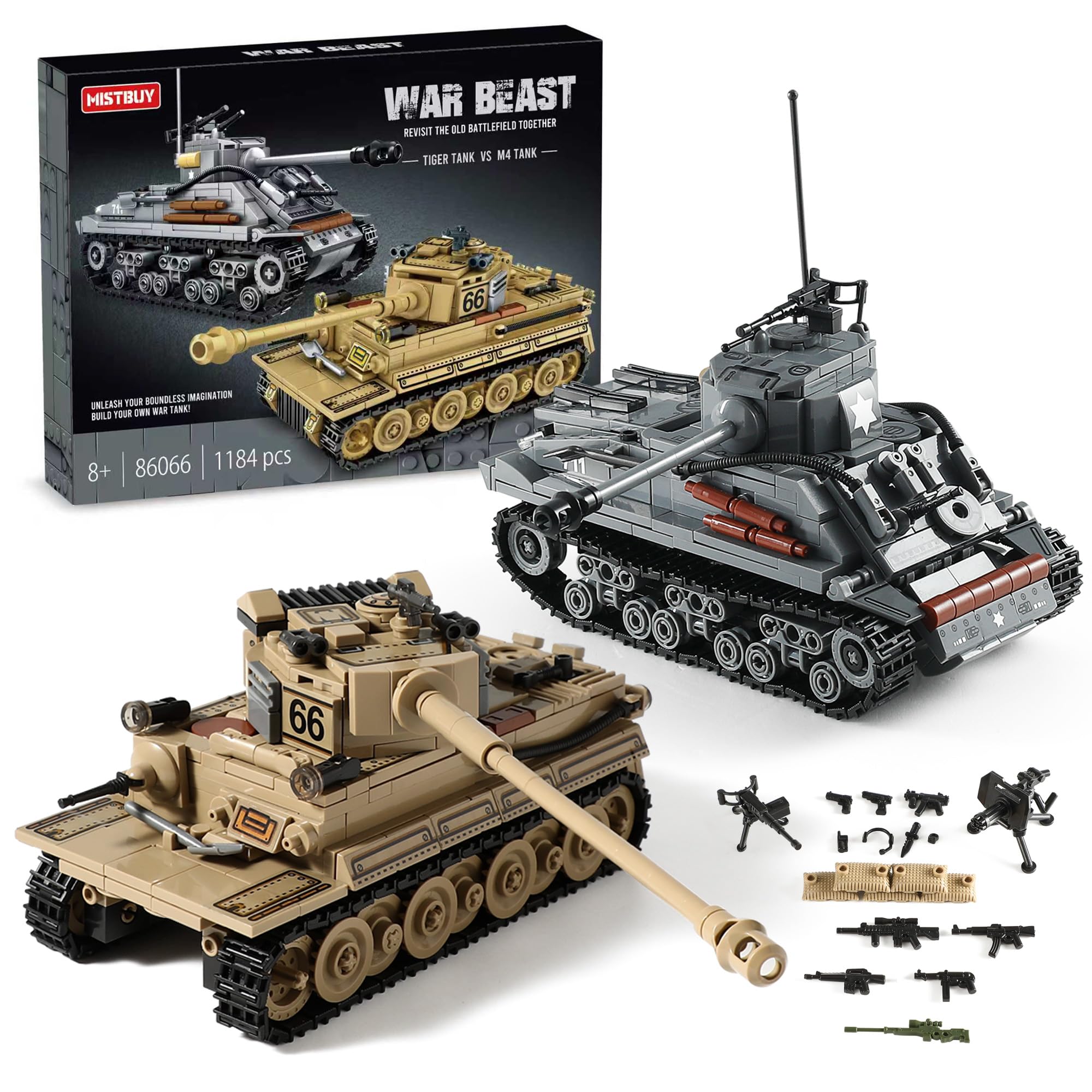 MISTBUY WW2 Army Tank Toys Building Kit, Create a German Tiger & an American M4 Sherman Tank Models with 1184 Blocks, Great Military Gifts for Boys Kids Age 8-14
