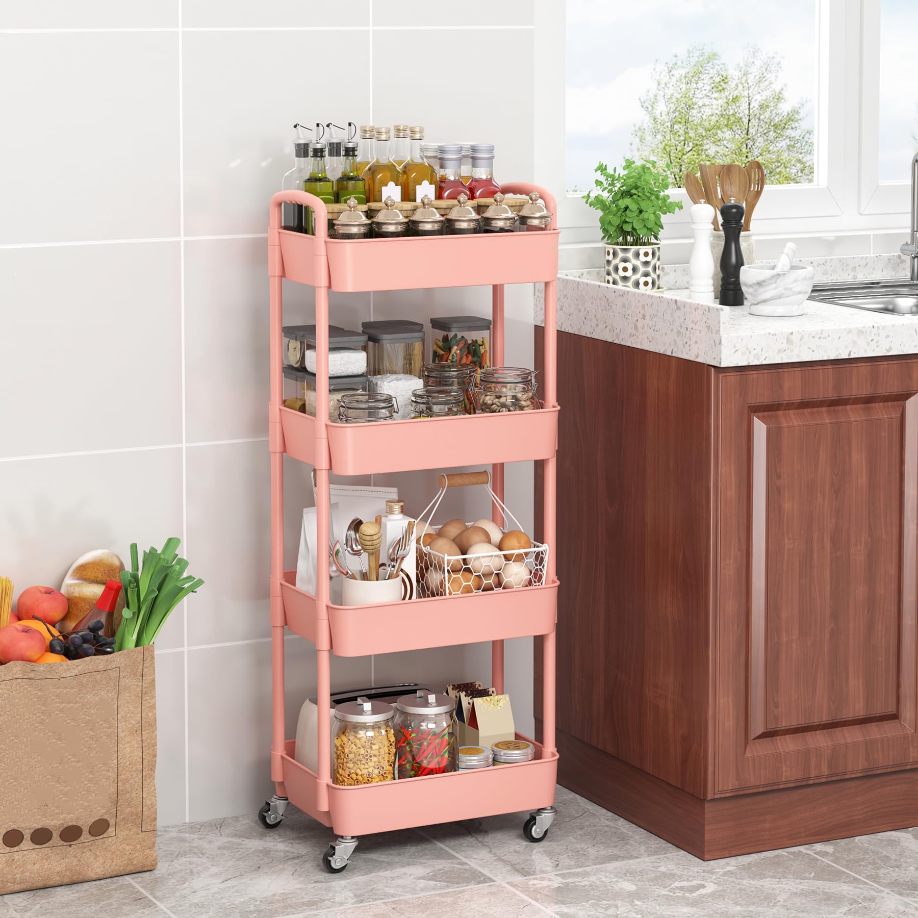 Sywhitta, Carrito utilitario de almacenamiento de plástico con 4 niveles con asa, multifuncional para oficina, sala de estar, cocina, organizador de almacenamiento móvil con ruedas, Rosa
