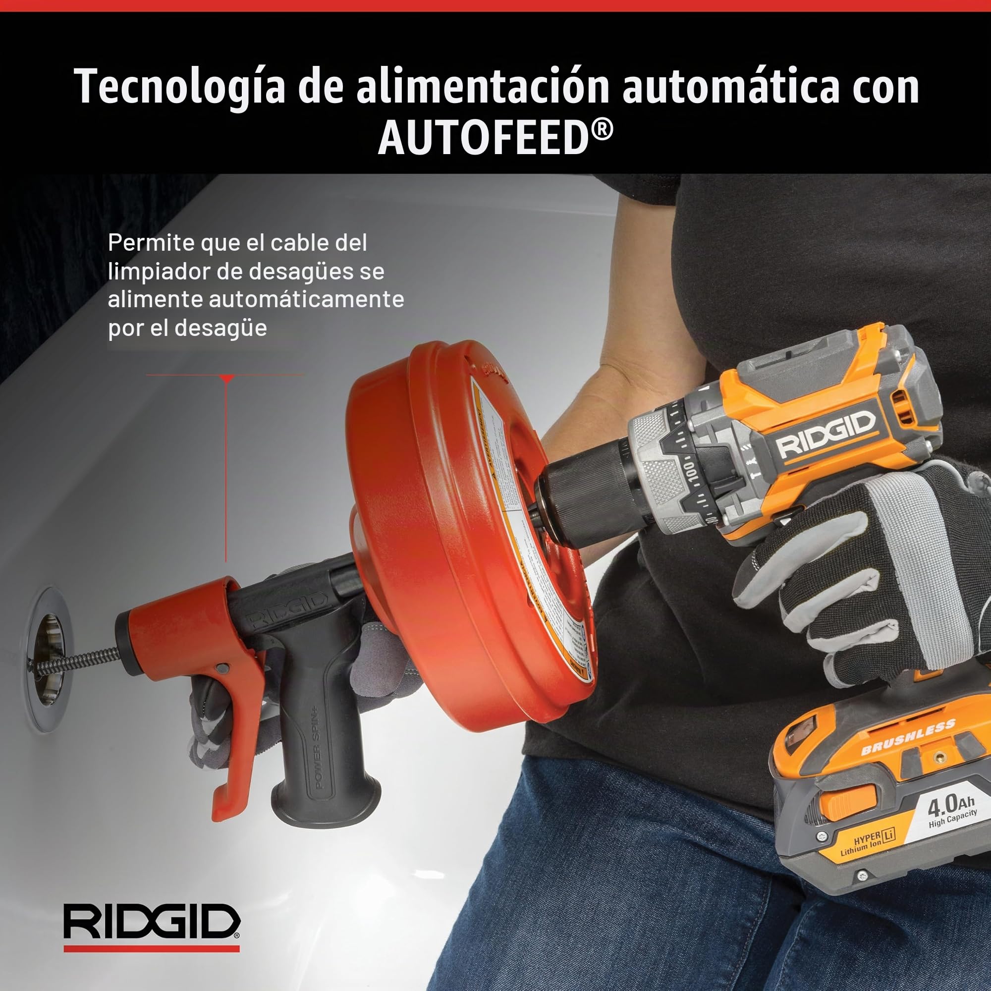 RIDGID 57043 Power Spin con AUTOFEED, Cable limpiador de desagües Maxcore y Cable helicoidal de bombilla para limpieza de desagües para eliminar obstrucciones en desagües