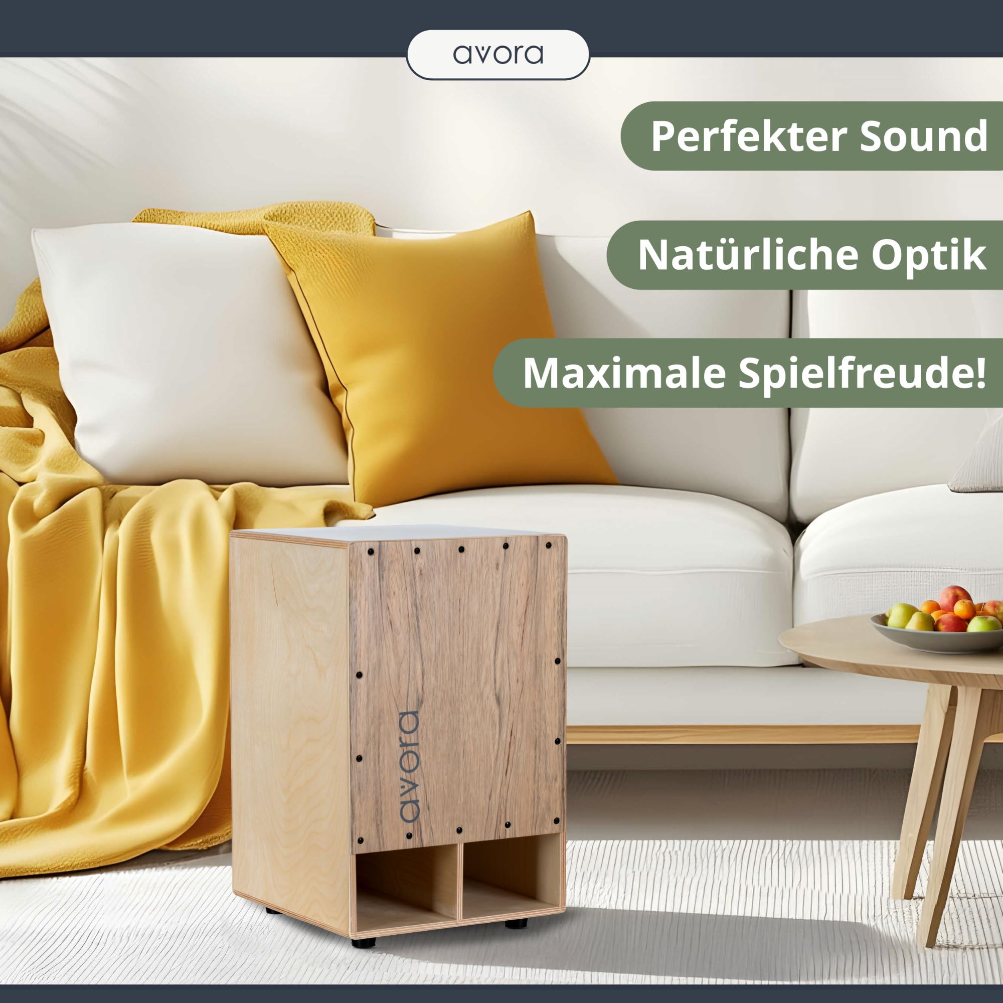 Avora Bass Boost Cajon - Percussion Trommelkiste mit verstärktem Bass - Sitztrommel mit Integrierter Griffschale - Snare-Effekt - Inkl. Sitzpad aus Neopren - Instrument mit Akazien-Furnier - Braun