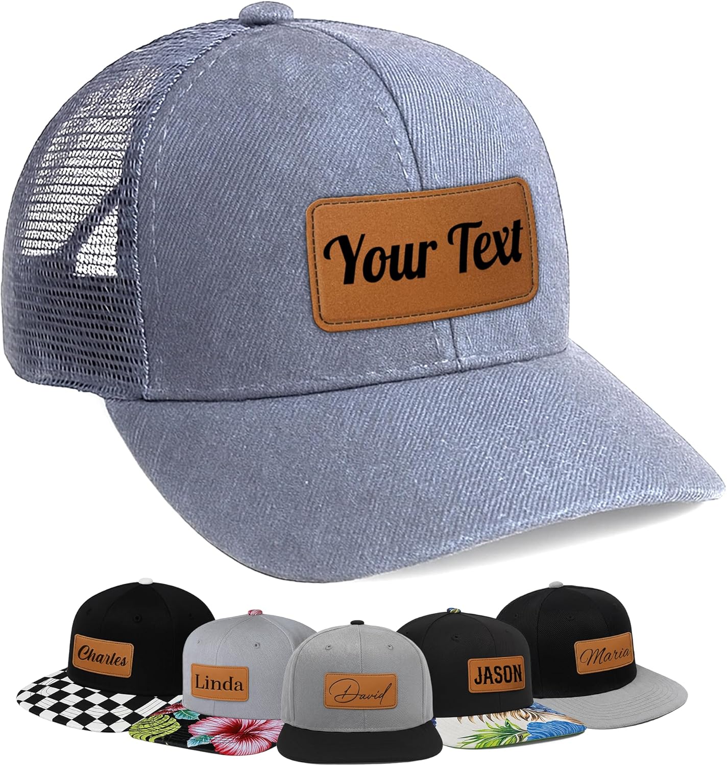 Custom Kids Snapback Trucker Hat with Leather Name Patch – Adjustable Mesh Cap for Boys, Girls & Adults - Matching Hats