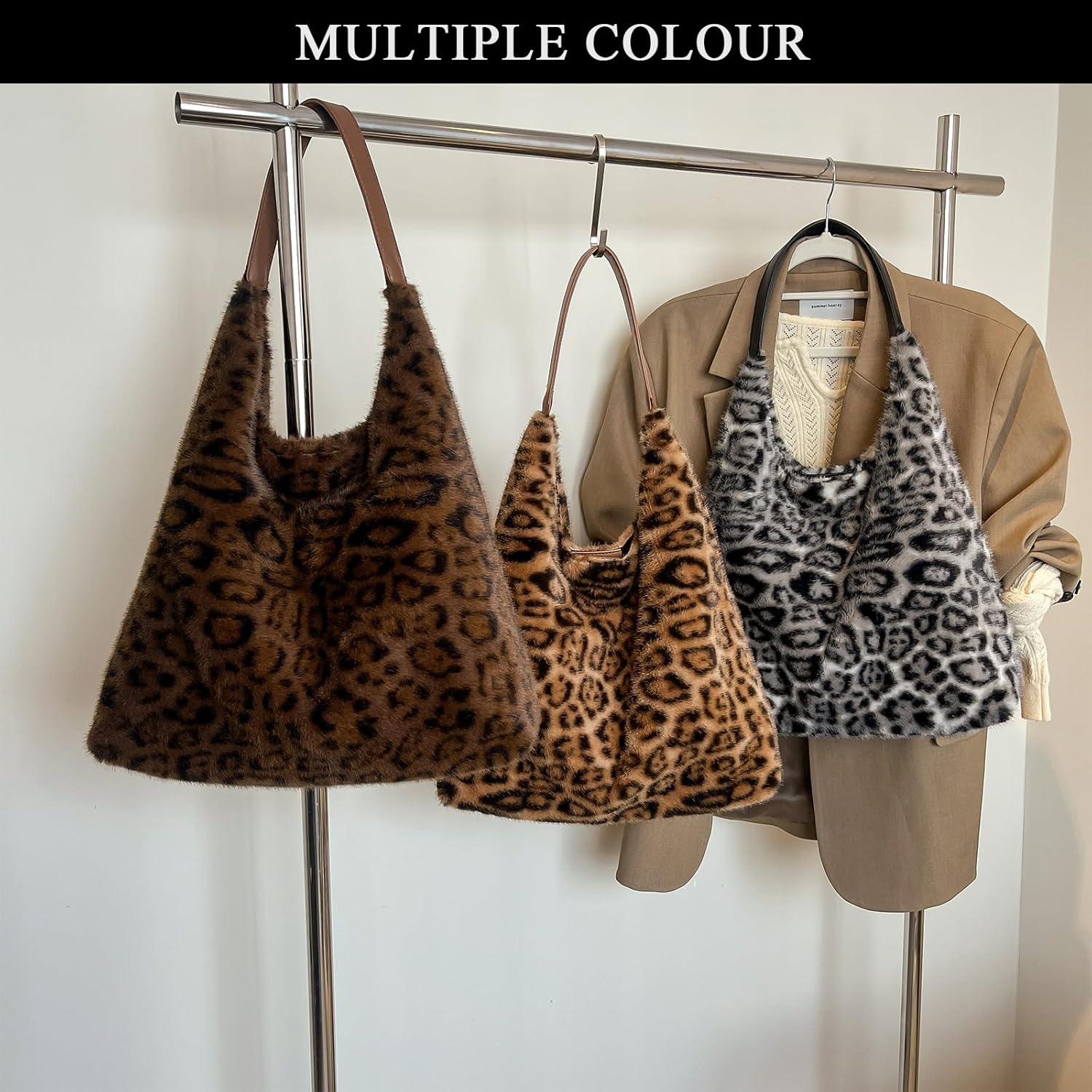 Leopard Cheetah Print Purse Y2K Slouchy Fuzzy Tote Bags for Women Faux Fur Purses Furry Shoulder Handbag - Image 3