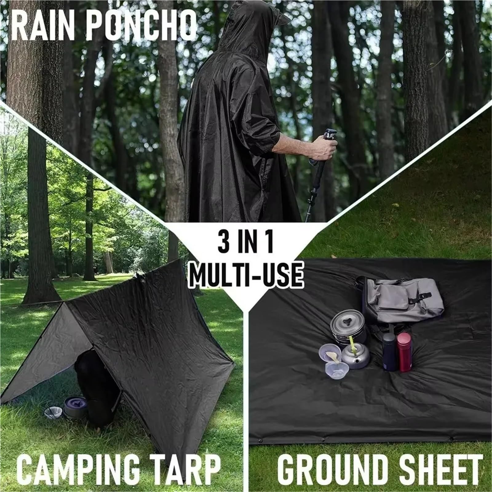 1 pz 3 in impermeabile da esterno con cappuccio e maniche, poncho antipioggia grande portatile, escursionismo viaggio