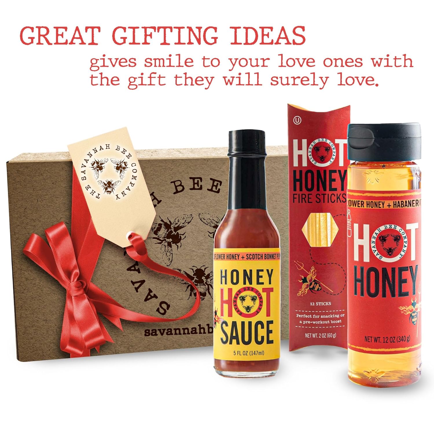 Savannah Bee Company Hot Honey Box Gift Set - Award-Winning Honey Collection - Includes Hot Honey, Sauce, and Fire Sticks - Perfect Gourmet Gift for Spice Lovers