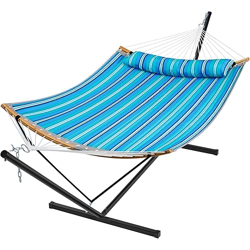 SUPERJARE Hammock with Stand, 2 Person Heavy Duty Hammock with Padded Cotton, Detachable Pillow & Strong Curved-Bar & Portable Carrying Bag, Perfect for Outdoor & Indoor, Aqua Blue
