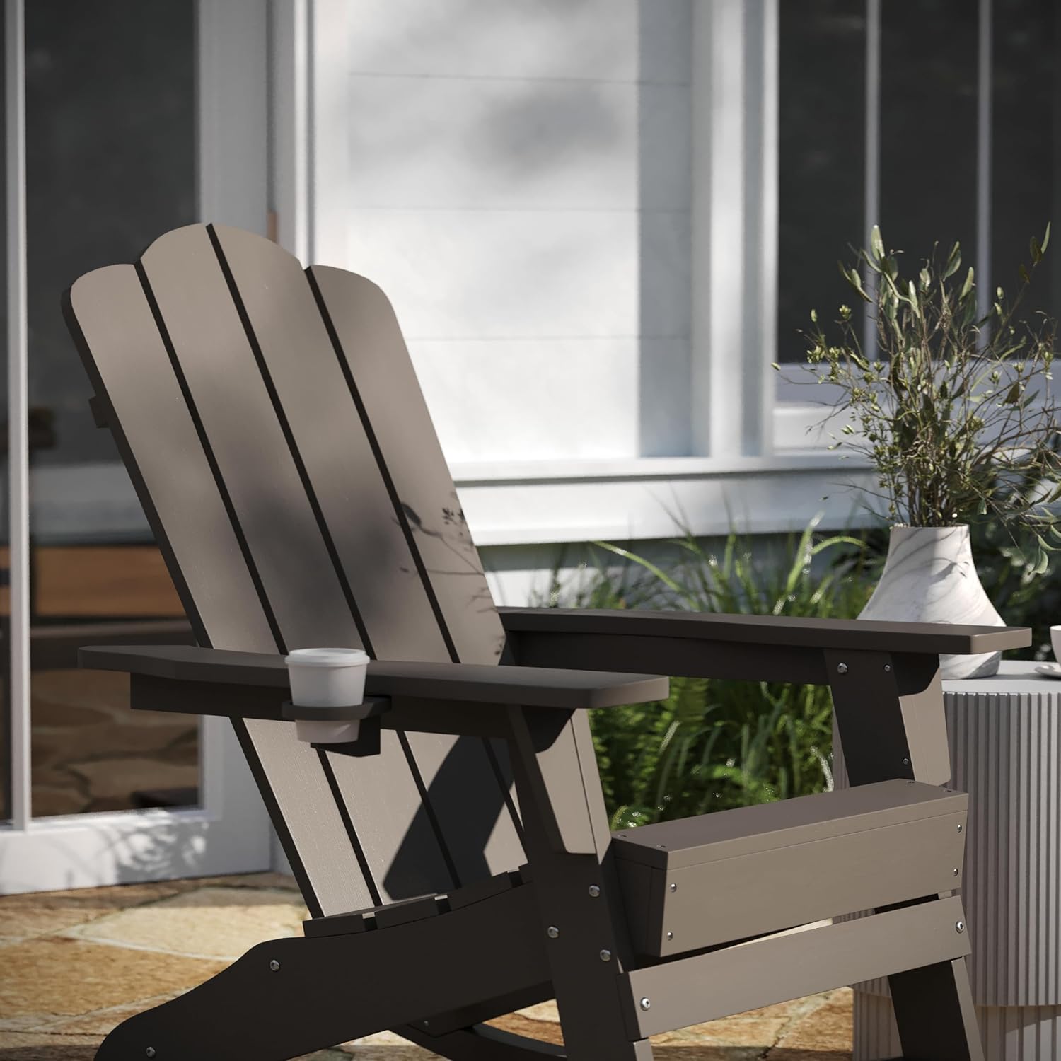 Taylor & Logan Nellis Adirondack Rocking Chair with Cup Holder, Weather Resistant HDPE Adirondack Rocking Chair in Brown