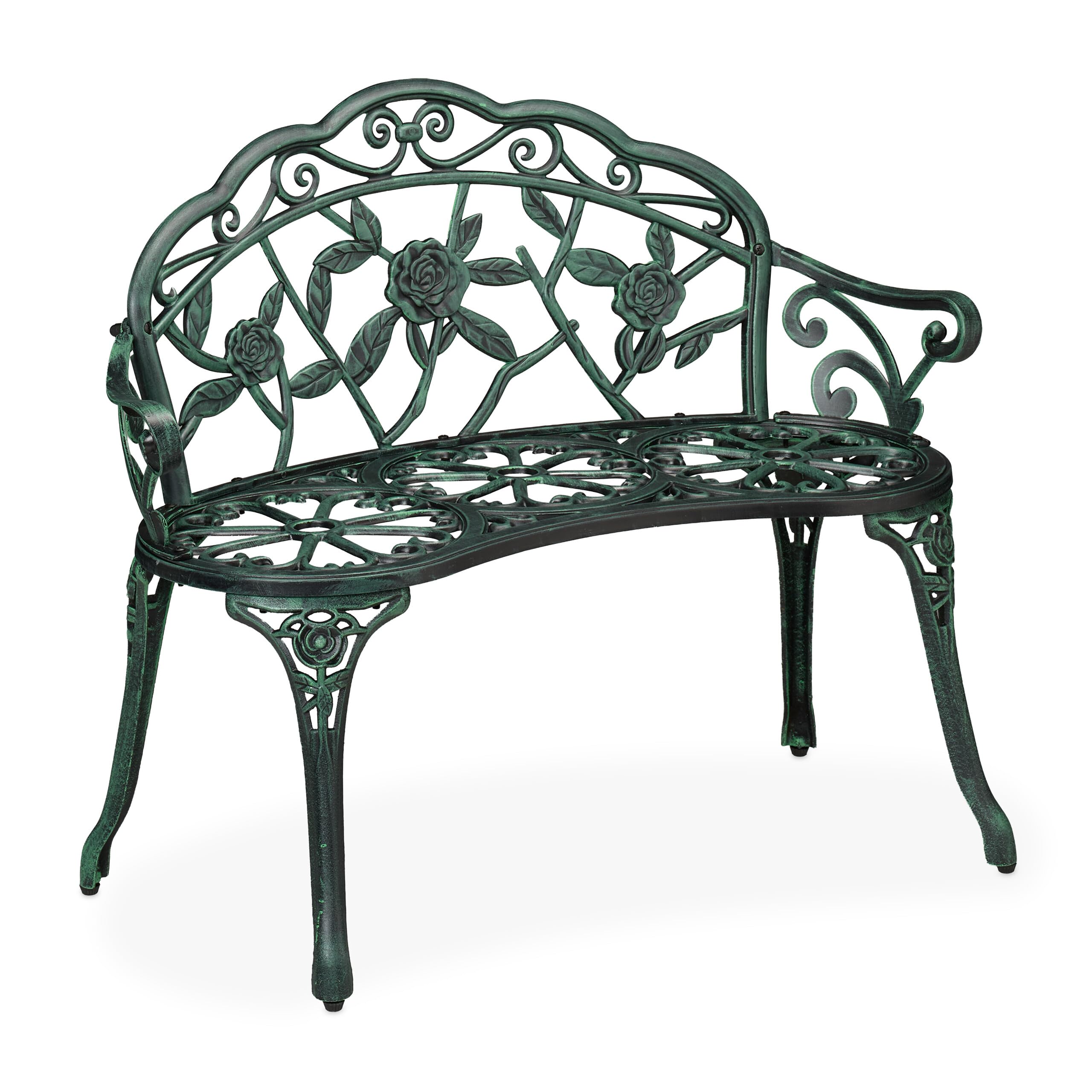 Relaxdays Banco Jardín, 2 Plazas, Terraza, Balcón, Aluminio y Hierro Fundido, 79x99x56 cm, Asiento Exterior, Negro/Verde