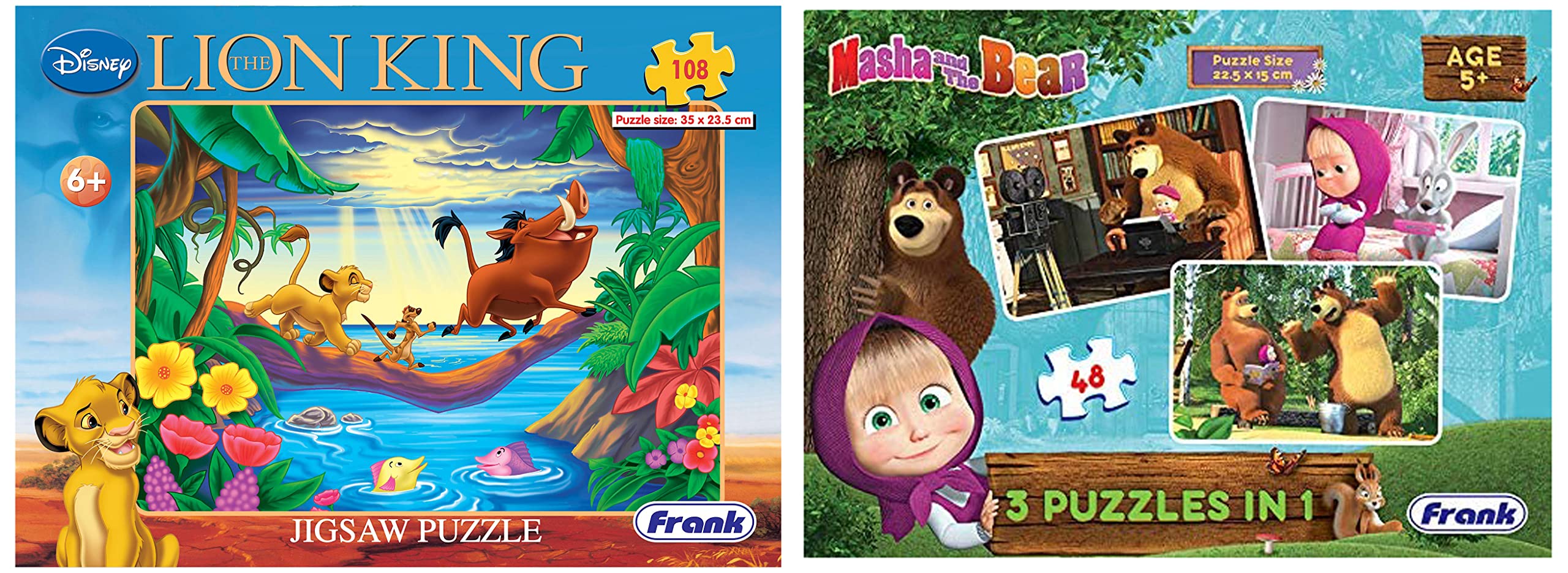 Frank Disney The Lion King 108 Pieces Jigsaw Puzzle for Kids for Age 6 Years Old and Above,Multicolor & Masha and The Bear 3 in 1 Puzzle for 5 Year Old Kids and Above, Pack of 1, Multicolor