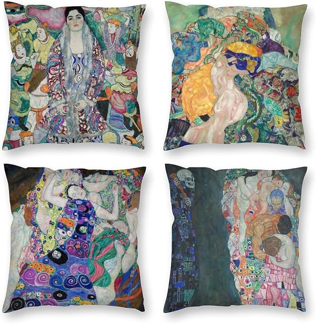 HOSTECCO Gustav Klimt Cushion Covers Pack of 4 Portrait Art Painting Decorative Pillow Covers Soft Velvet Square Pillow Cases for Couch Sofa Bed 45x45 cm