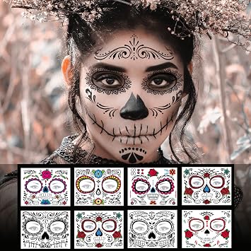 Day of the Dead Face Tattoos - 8 Sheet Halloween Temporary Tattoos Face Sticker Kit Dia de Los Muertos Glitter Red Roses Skeleton Sugar Skull Fake Tattoo for Halloween Makeup on Face Body
