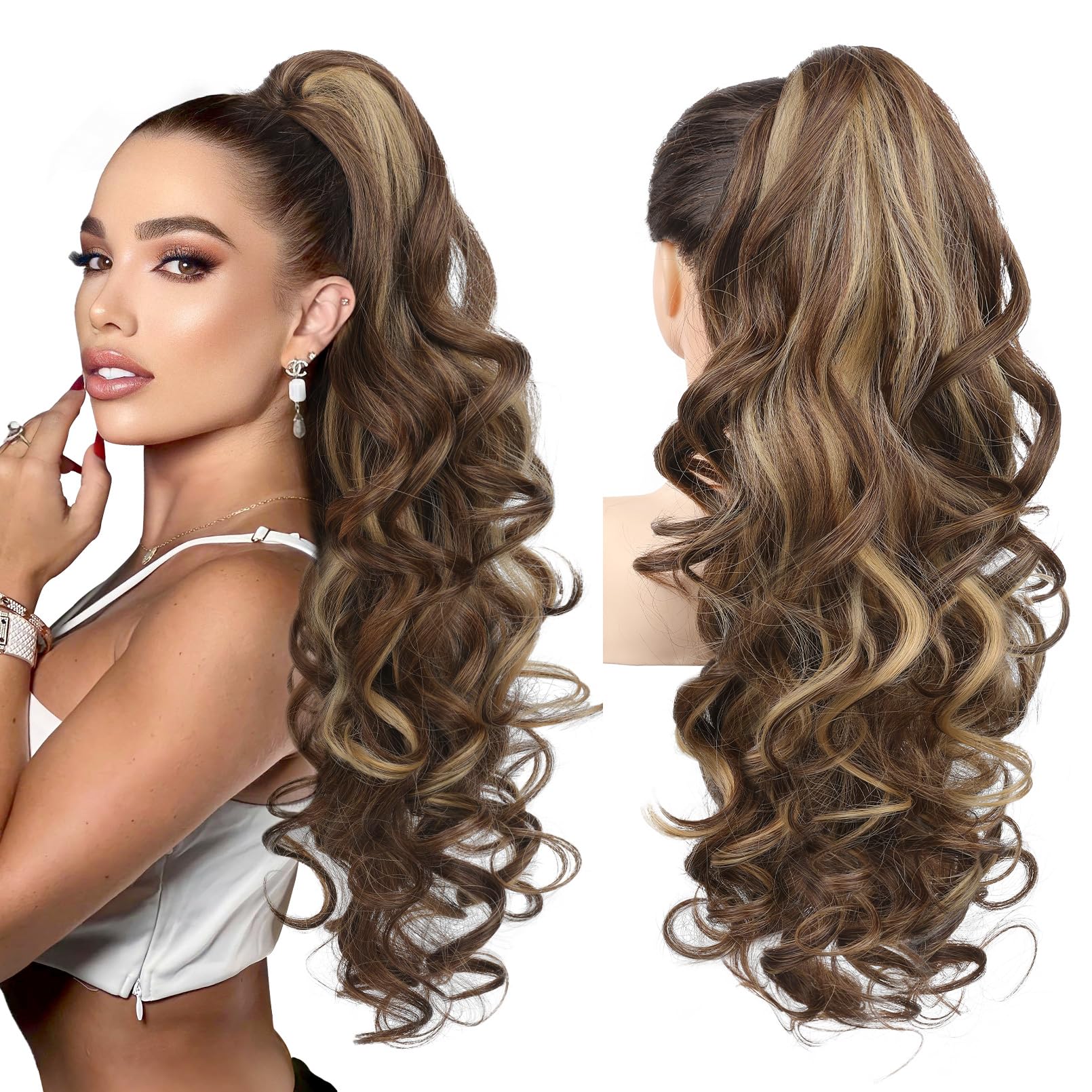 Photo 1 of REECHO Ponytail Extension, 24" Claw Clip in Long Curly Wavy Ponytail Hair Extension Jaw Clip on Pony Tails Hairpiece for Women - Chestnut Brown with Golden Highlights