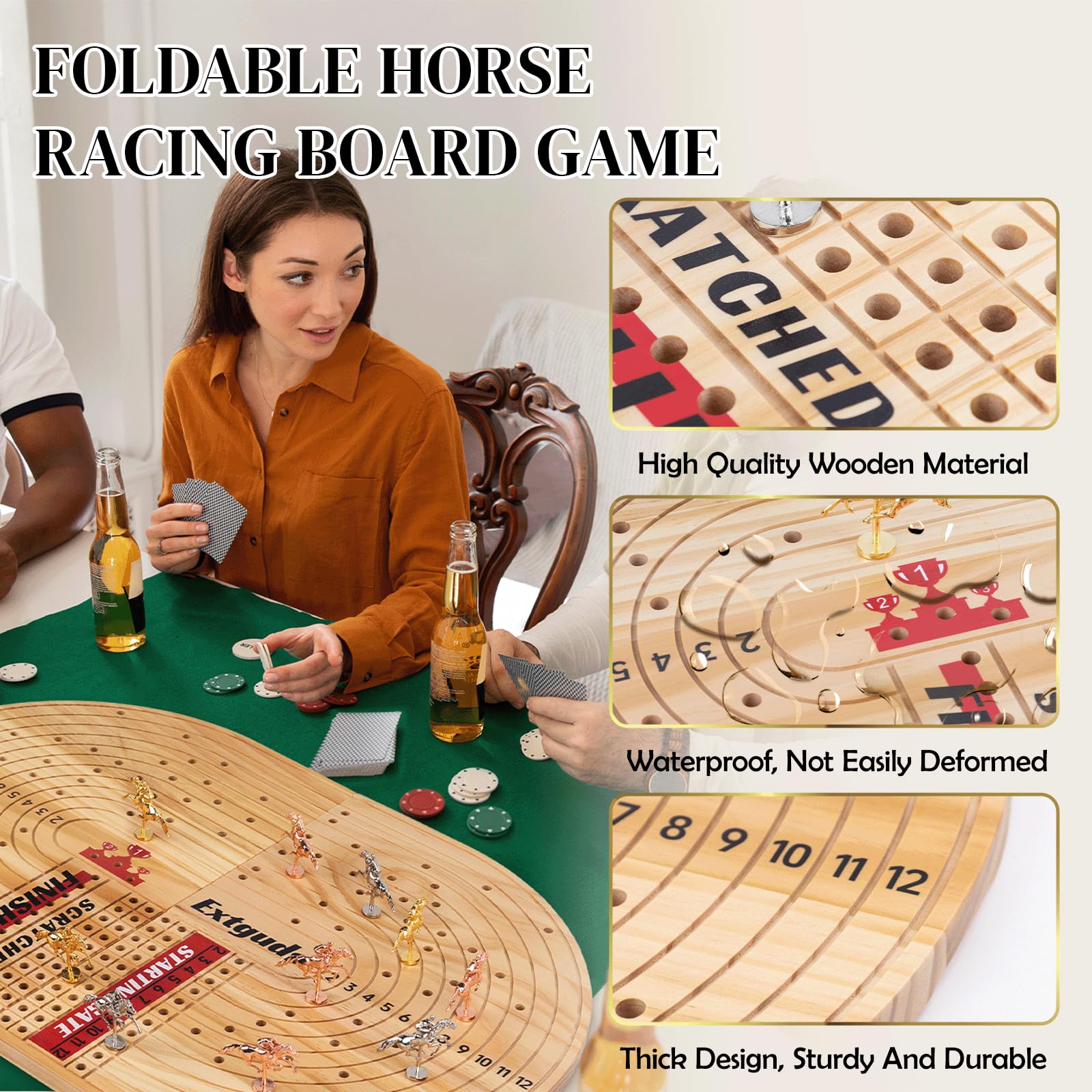 Grand jeu de société de course de chevaux de 63 cm, jeu de course de chevaux Derby classique, bois pliable, 11 chevaux en métal de qualité supérieure, 96 jetons, 2 dés, 2 boîtes de cartes à jouer, 1