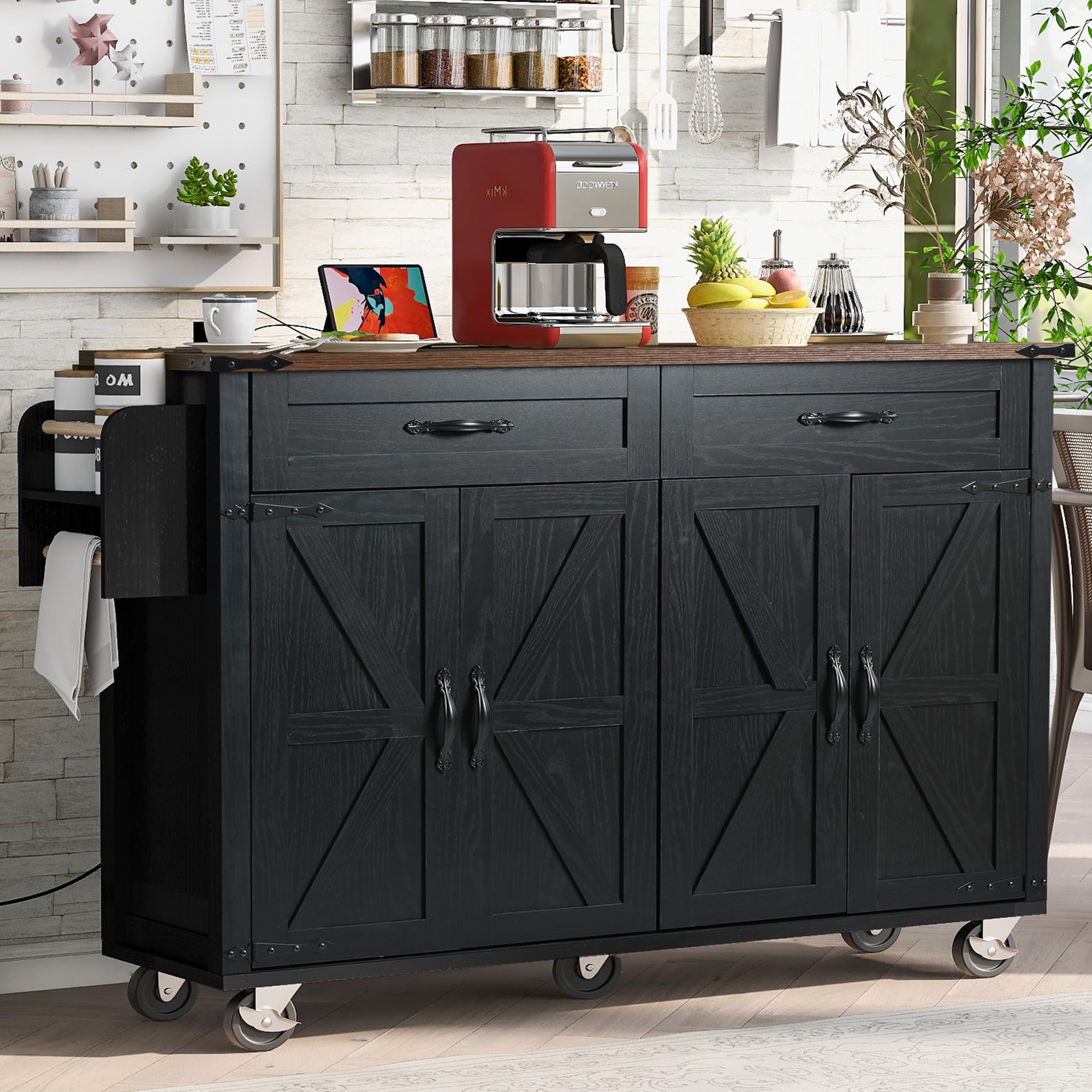 Farmhouse Rolling Kitchen Island with Power Outlet, Drop Leaf Breakfast Bar, Wooden Mobile Storage Island Cart on Wheels with Drawers, Spice Rack for