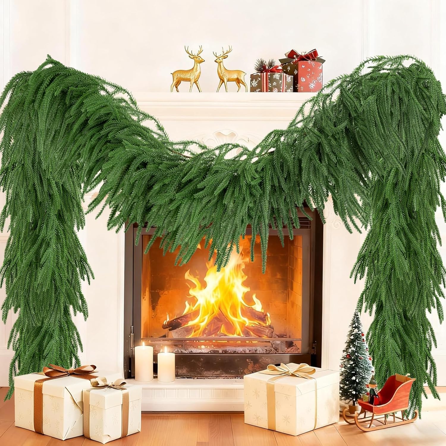 9FT Christmas Garland Artificial Norfolk Pine Garlands Real Touch Winter Green Greenery Garland Christmas Decoration Xmas Garland for Door Table Mantle Wall Indoor Outdoor Christmas Decor 9FT 1