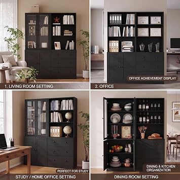 TUSY 71 H Bookshelf with Storage, 6-Tier Modern Bookshelves with 3 Large Drawer, Display Bookcase with Glass Doors, Modern 5-Tier Curio Cabinet for Home Office, Dining Room (Black, ABA)