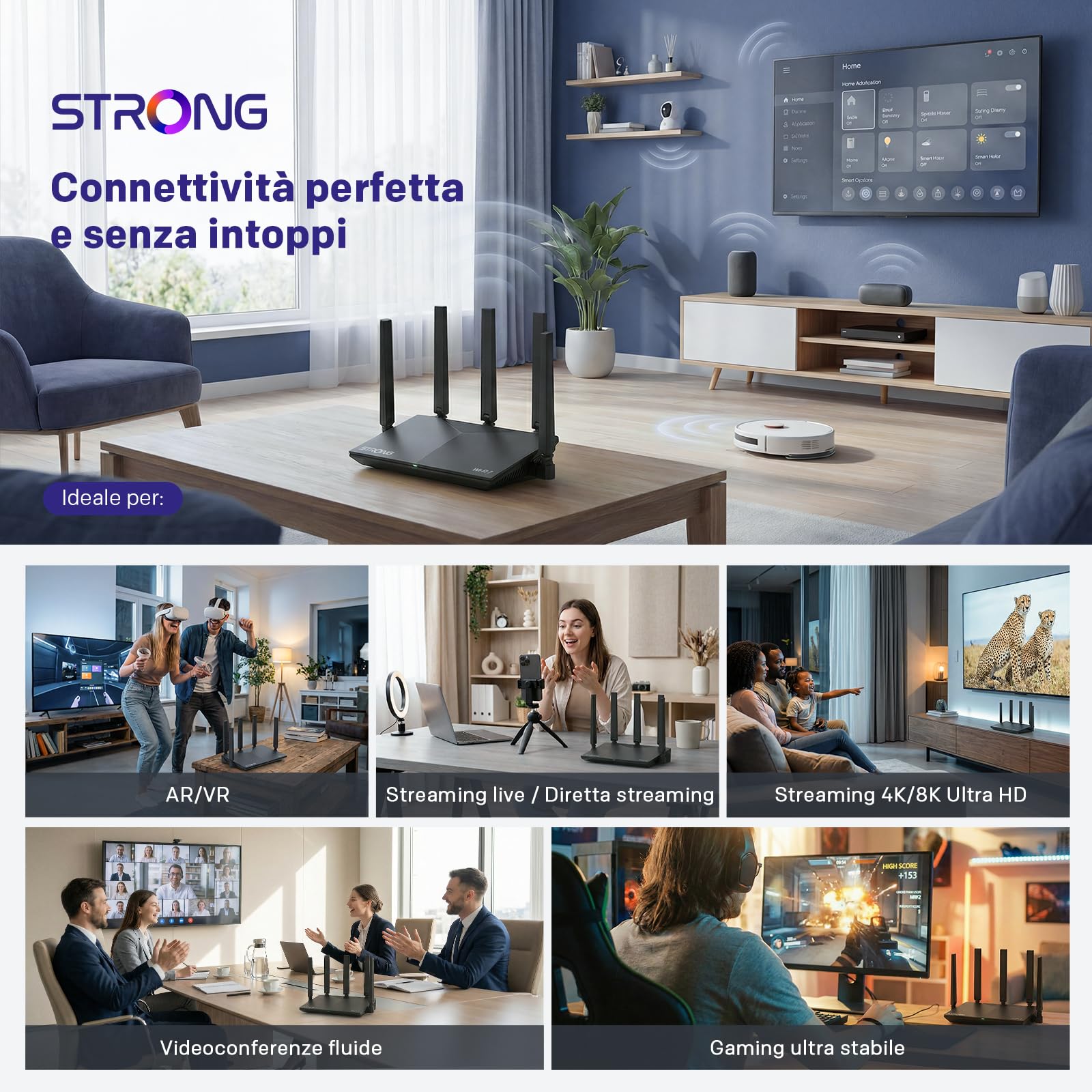 Strong BE3600 Dual-Band Router Wi-Fi 7, Fino a 3,6 Gbps, MLO, Modem Wi-Fi 7 Internet, Porte 2,5G WAN + GE LAN, 5 Antenne, App, Controllo Genitori, Sicurezza WPA3, TWT, IPv6