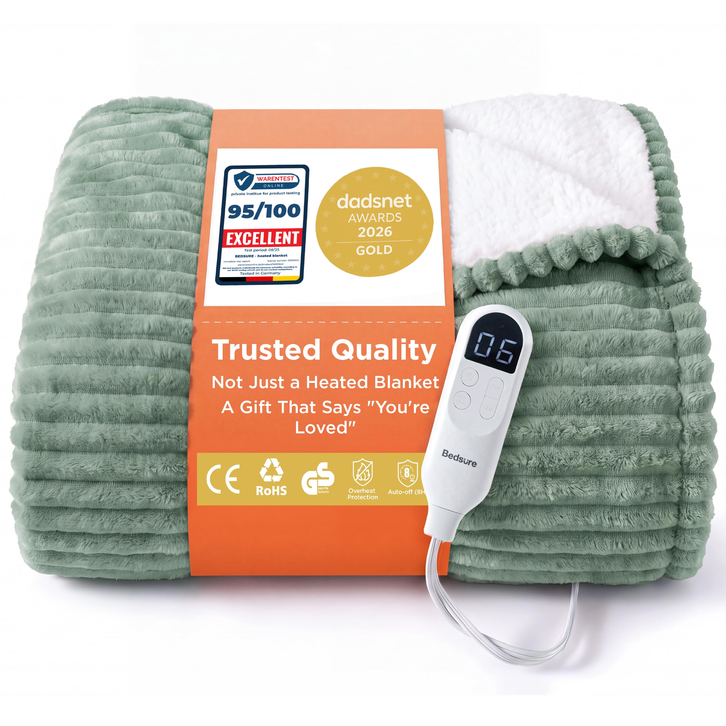 Bedsure Electric Blanket Heated Throw - Ribbed Flannel 130x180cm, Sage Green