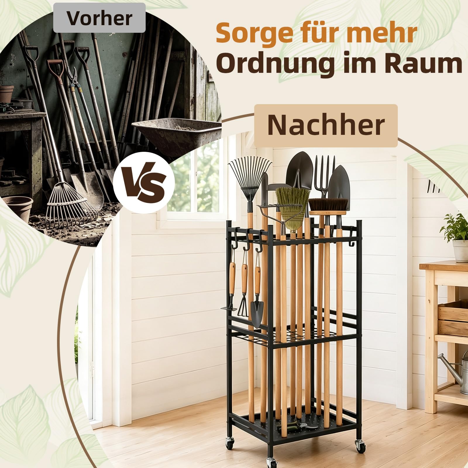 Gartenwerkzeughalter Freistehend mit Rollen, Werkzeug Organizer für Garage und Gartenhaus, Besenhalter aus Metall mit Haken