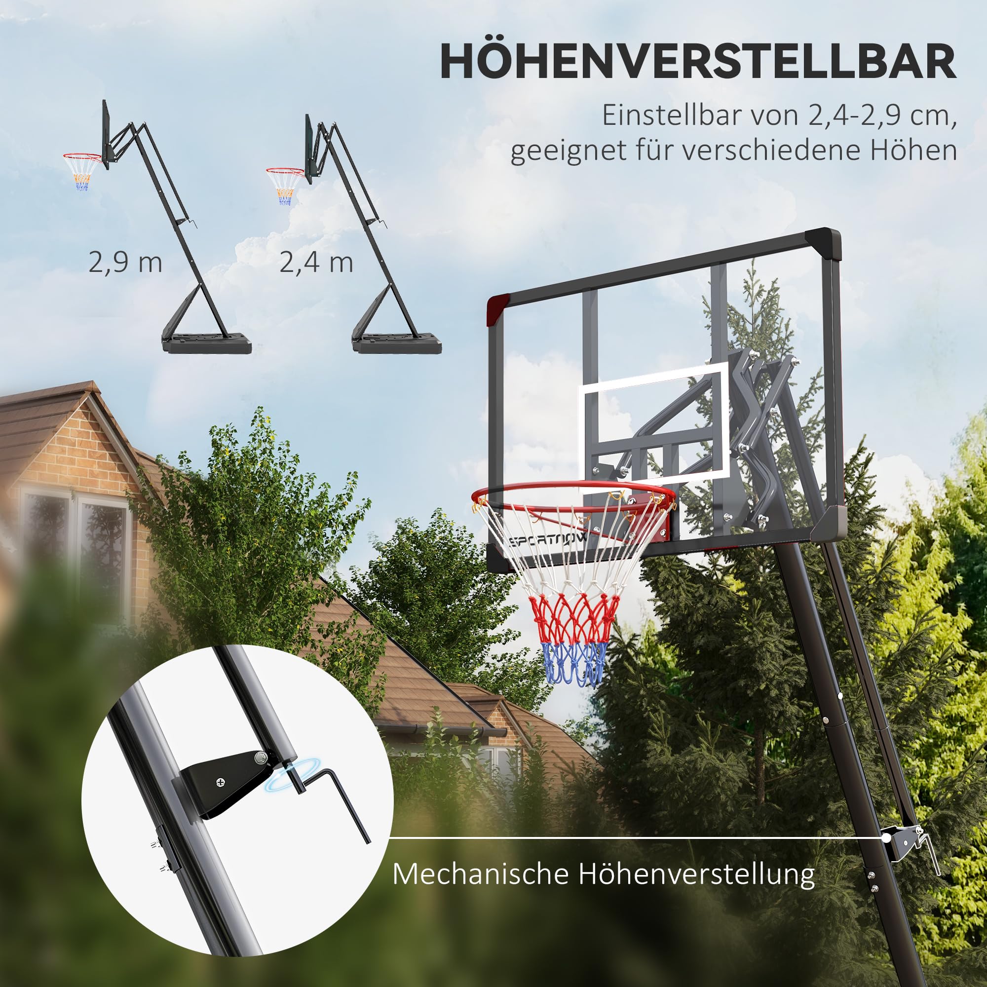 SPORTNOW Basketballkorb Outdoor Basketballständer mit Rollen 107x70cm Rückwand, Mobiler Basketballkorb mit Ständer, verstellbare Korbhöhe 236-293 cm, Basketballanlage für Jugendliche Erwachsene