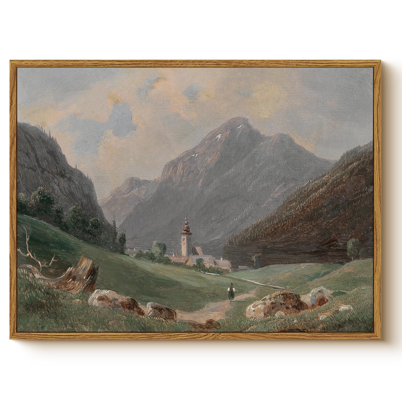 WHASAYART Framed Vintage Natural Mountain Landscape Canvas Wall Art 12"x16" | Classic Valley Countryside Artwork Print, Rustic Farmhouse Cabin European Abstract Painting Decor For Living Room Bedroom