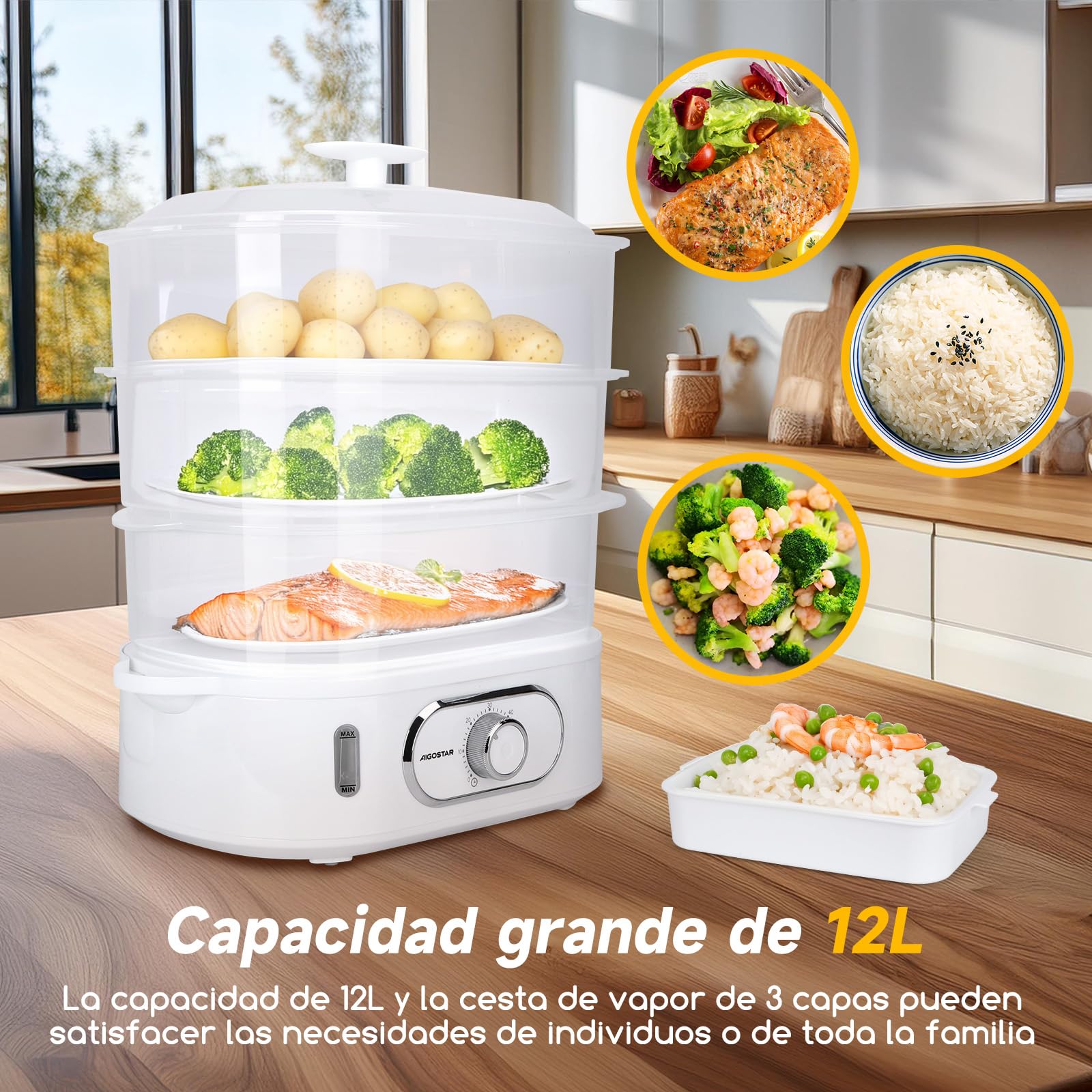 Aigostar Elektrischer Dampfgarer 12L mit Timer, Dampfgarer mit 3 stapelbaren Behältern, Reiskocher & Eierhalter, 60-Minuten-Timer, spülmaschinengeeignet 900 W weiß (Modell: Fitfoodiepro)
