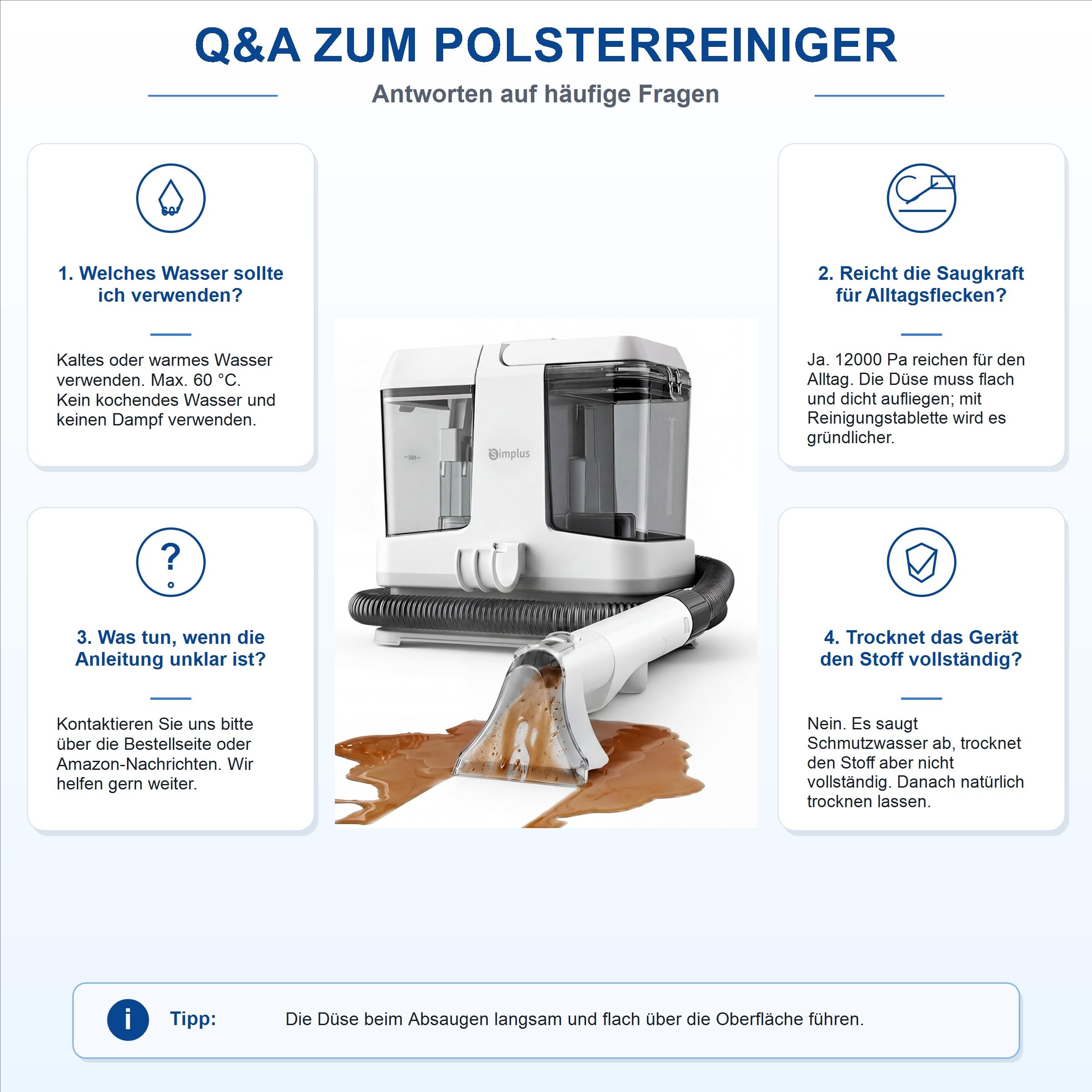 SIMPLUS Polsterreiniger Gerät 12000Pa, kompakter Waschsauger mit 2-Tank-System, Sprüh- & Saugfunktion, Nasssauger für punktuelle Fleckenreinigung auf Sofa, Polster, Teppich & Auto, 2,5 kg, 2 Bürsten