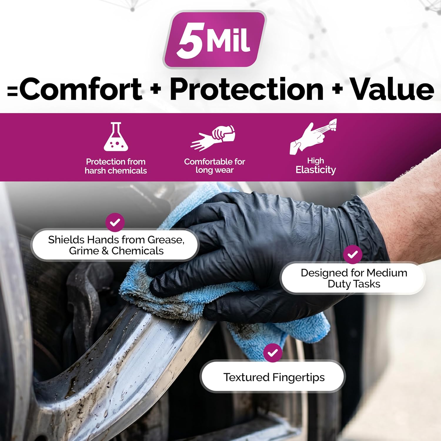 GripProtect Precise 5 Mil Black Nitrile Gloves – Chemical Resistant Nitrile Gloves with Textured Grip for Mechanics, Janitorial, Tattoo & Food Prep – Medical Grade Disposable Gloves, Large, 100