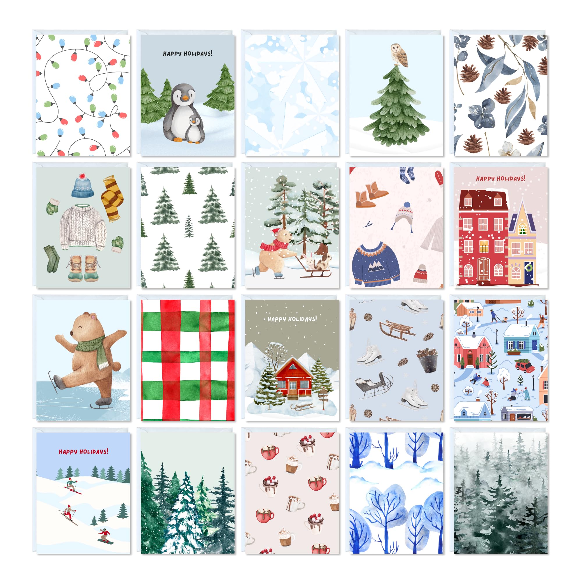 Cute Christmas Card Pack, 20 Winter Festive Greeting Cards, Holiday Multipack, Cute & Blank Inside, for Friends Family