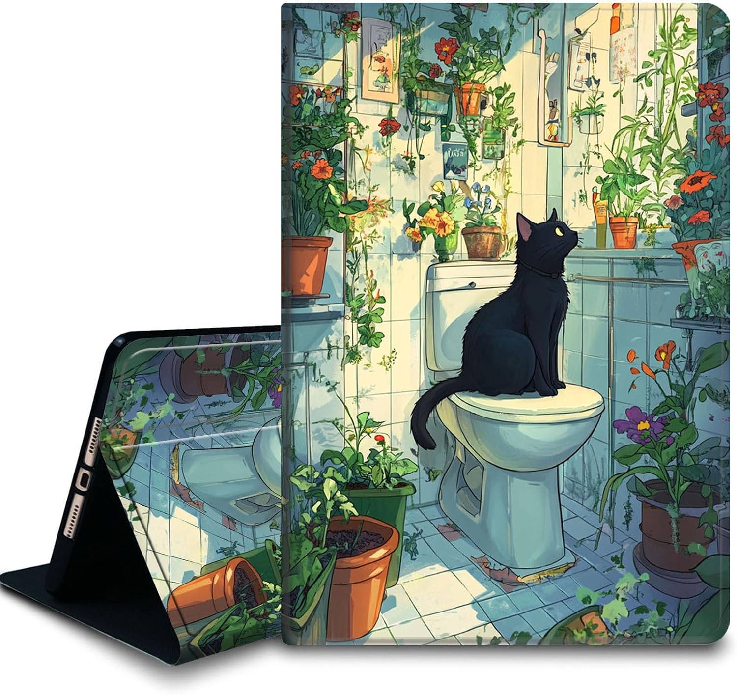 Bxgolkgd Tablet Case for iPad 10.5 Inch (iPad Air 3rd 2019/iPad Pro 2017),Shockproof Stand Cover with Heat Dissipation,Auto Wake/Sleep Function,Black Cat Toilet Plant Art