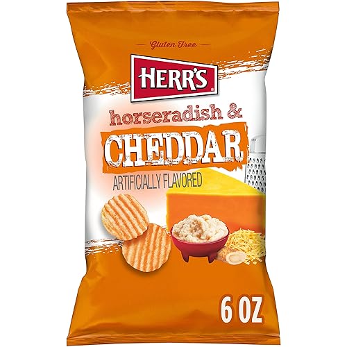 Herr's Papas fritas cheddar de rábano picante, bolsa de 6 onzas, sin gluten, atrevidas y picantes (paquete de 12)