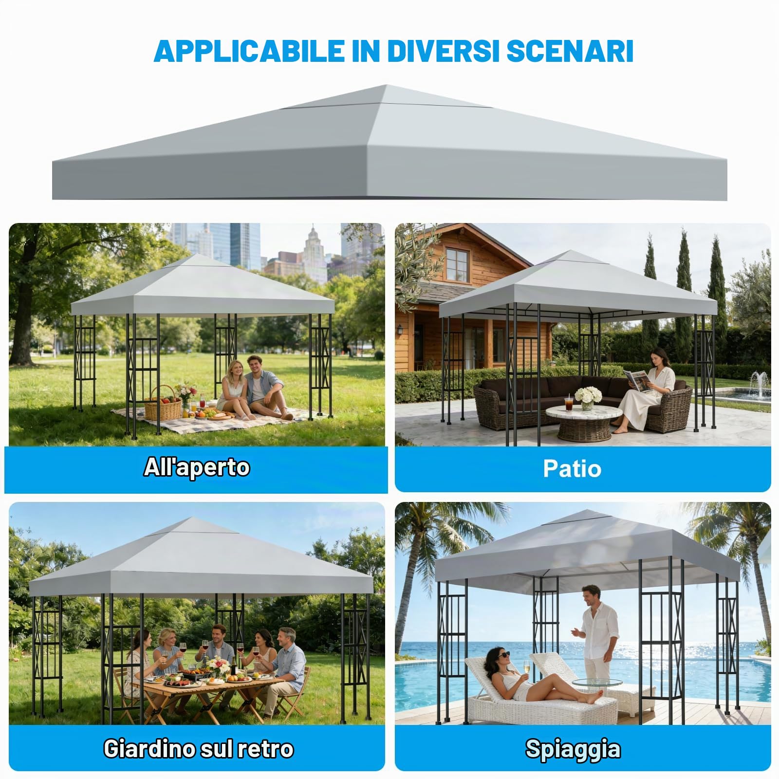 Telo di Ricambio per Gazebo 3x3m, Impermeabile e Anti-UV 300D, Copertura Rimovibile per Pergola con Fascette in Velcro Rinforzate, Ideale per Giardino, Terrazza, Campeggio e Spiaggia,Grigio
