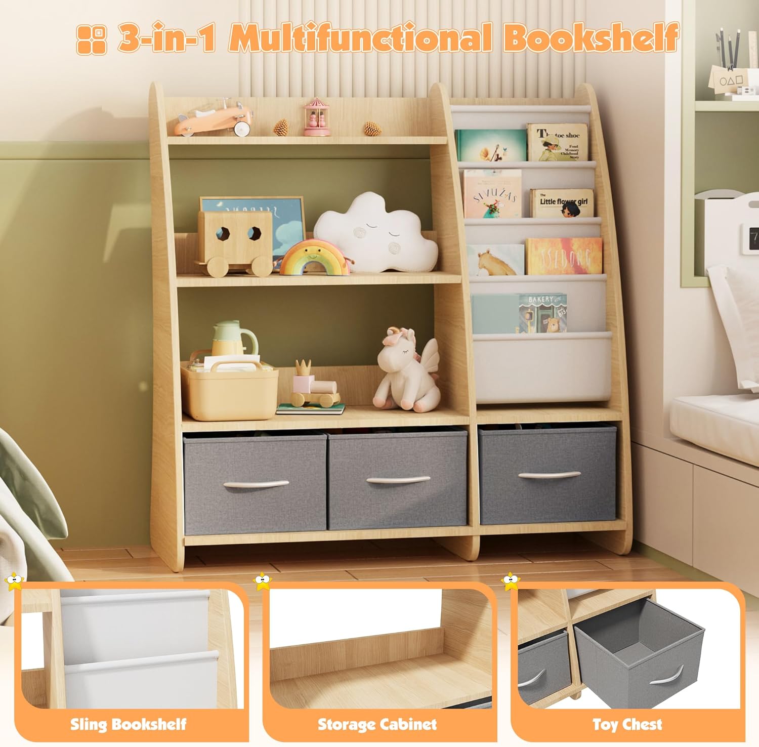 NACHES Kids Bookshelf and Toy Storage Organizer, Montessori Nursery Book Shelves with Sling Rack & Fabric Toy Bins, Toddler Baby Bookcase, Wooden Toy Shelf for Kids Room, Playroom, Sail-Burlywood