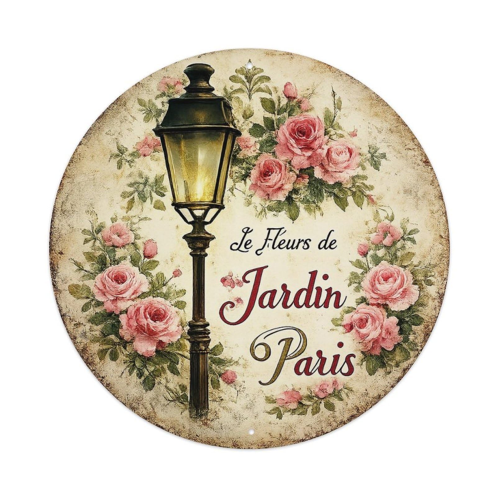 Vintage Lamp Roses Garden Paris Round Metal Tin Sign Vintage Wall Decor, Bar Garage Cafe Kitchen Home Wall Art Poster 8x8inches