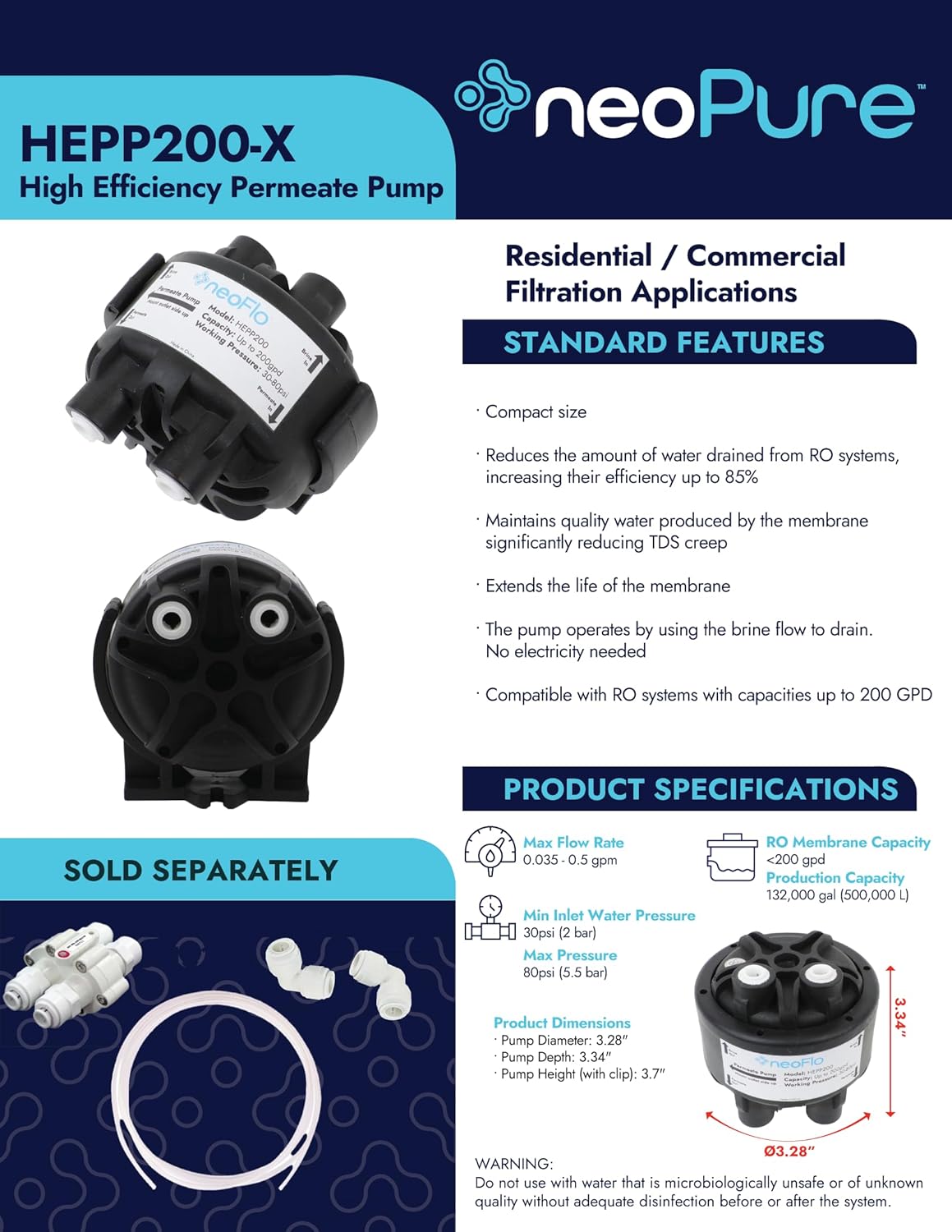 NeoPure HEPP200 High Efficiency Permeate Pump – Compatible with RO Systems up to 200 GPD – Reduces Waste Water – No Electricity Required (Permeate Pump up to 200 GPD)