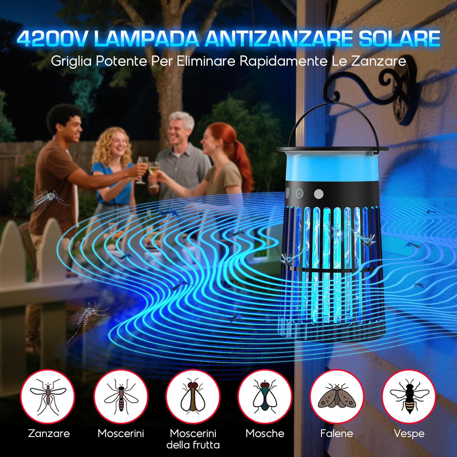 Lampada Antizanzare Solare da Esterno, Zanzariera Elettrica 4200V, Impermeabile IPX5, Ricarica USB-C e Solare, Batteria 4000mAh, Senza Fili per Giardino, Terrazzo, Balcone e Interni