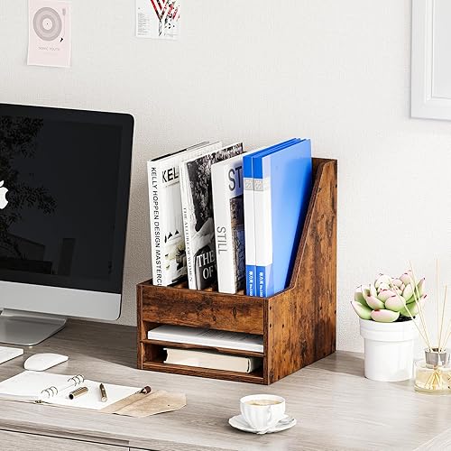 Miniatura 2 de Snughome Organizador de escritorio de madera, archivador para revistas, con 2 capas y 4 columnas, organizador de archivos de escritorio para