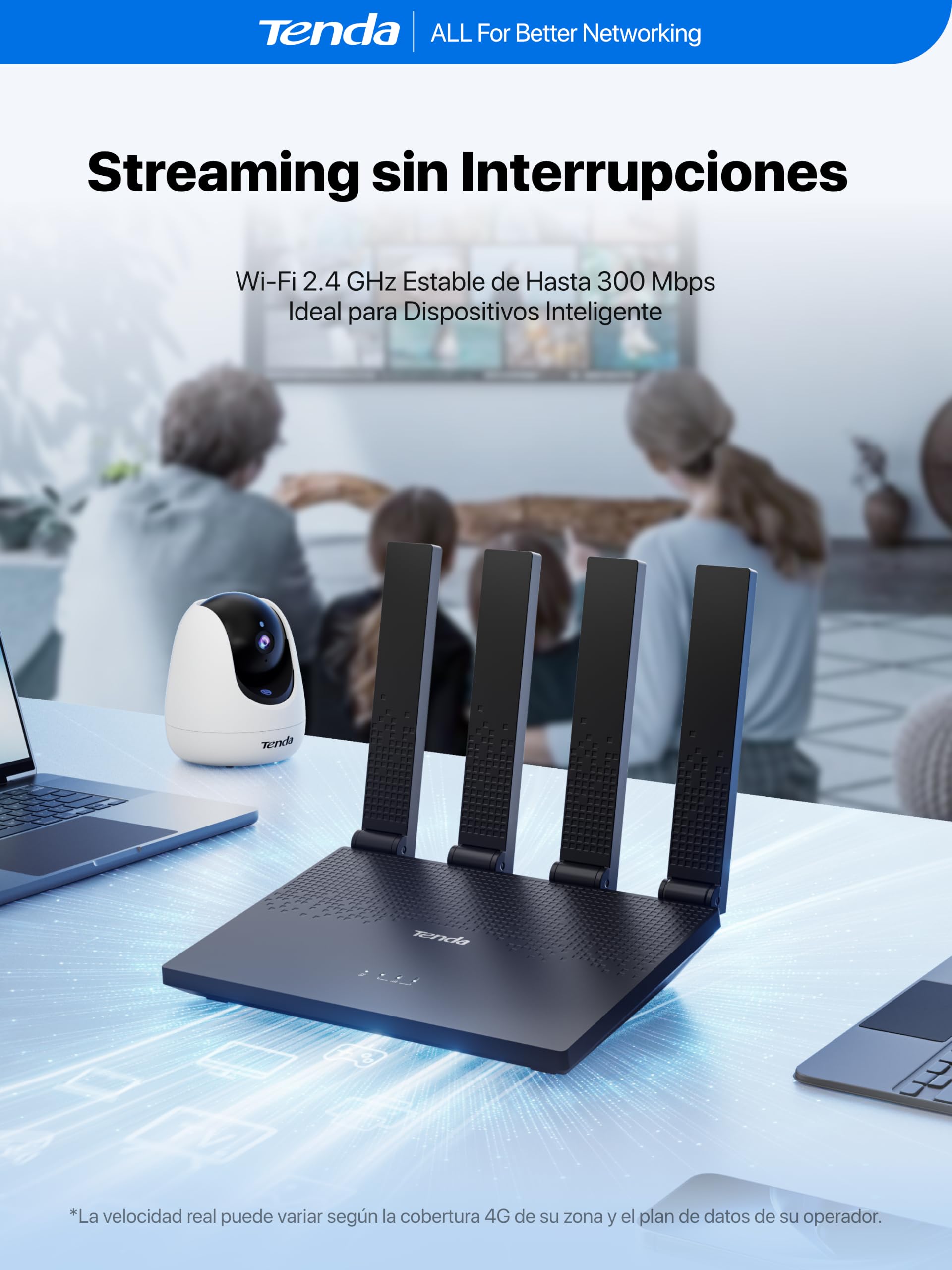 Tenda Router 4G con Tarjeta SIM Módem LTE Cat4 Wi-Fi N300 4G03 Pro V2.0 | 4 Antenas Plegables, USB-C, LAN/WAN, Plug&Play, 32 Dispositivos, Portátil para el Hogar, Casa Rural, Autocaravana y Camping