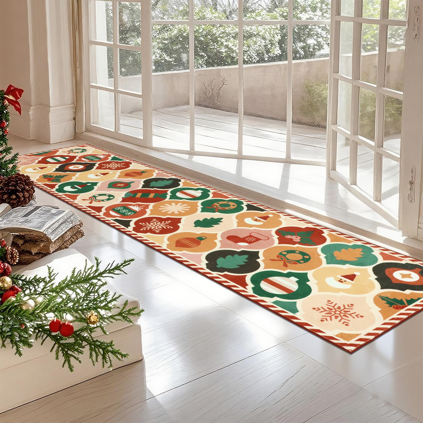 Tappeto Natalizio Antiscivolo 60x240cm, Tappeto Lavabile per Natale, Tappeto Natalizio a Pelo Corto, Tappeto da Cucina per Natale, Tappeto da Cucina per Camera da Letto e Soggiorno