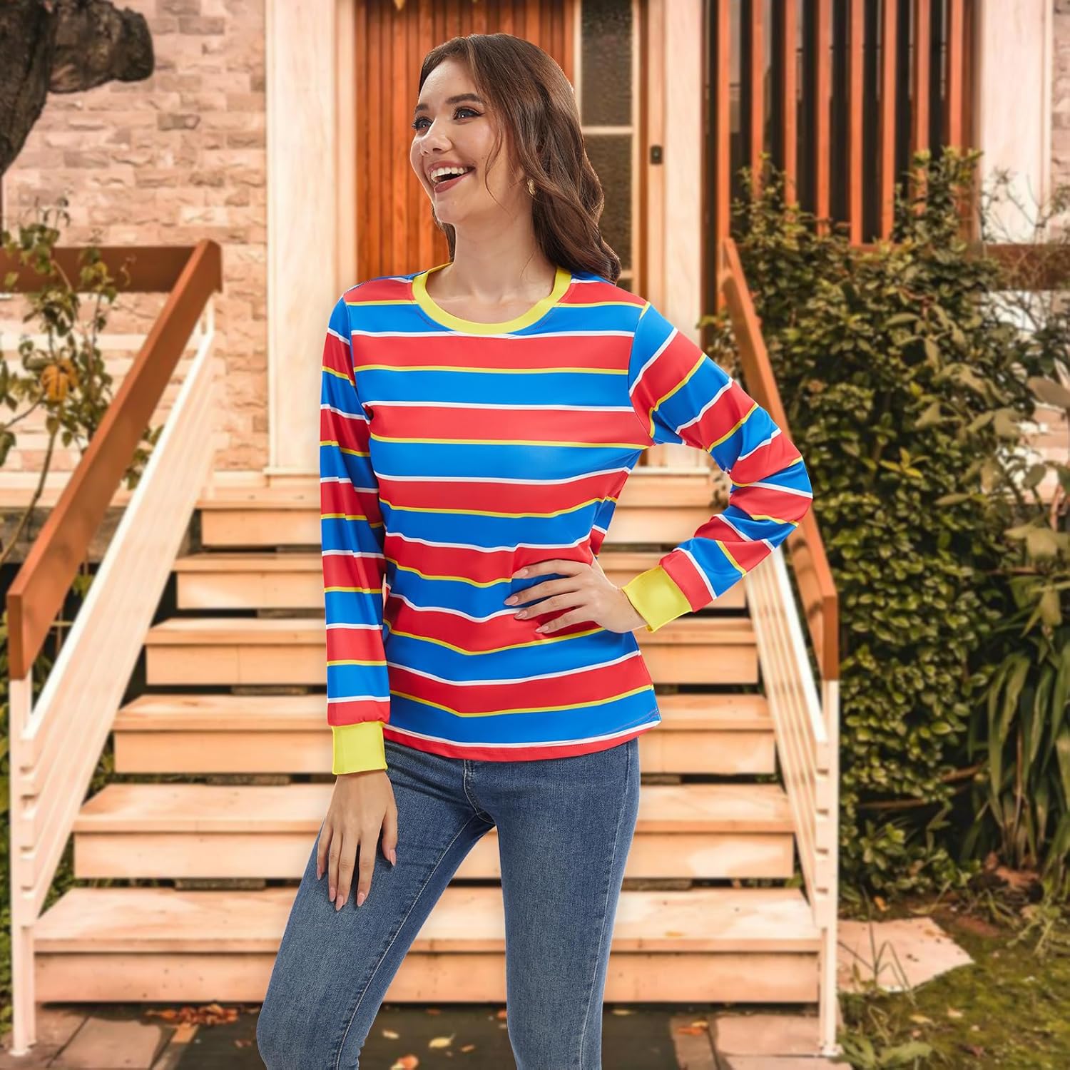 Adult Womens Long-Sleeved Striped T-Shirt Cartoon Character Costume for Halloween Cosplay Party - Image 4