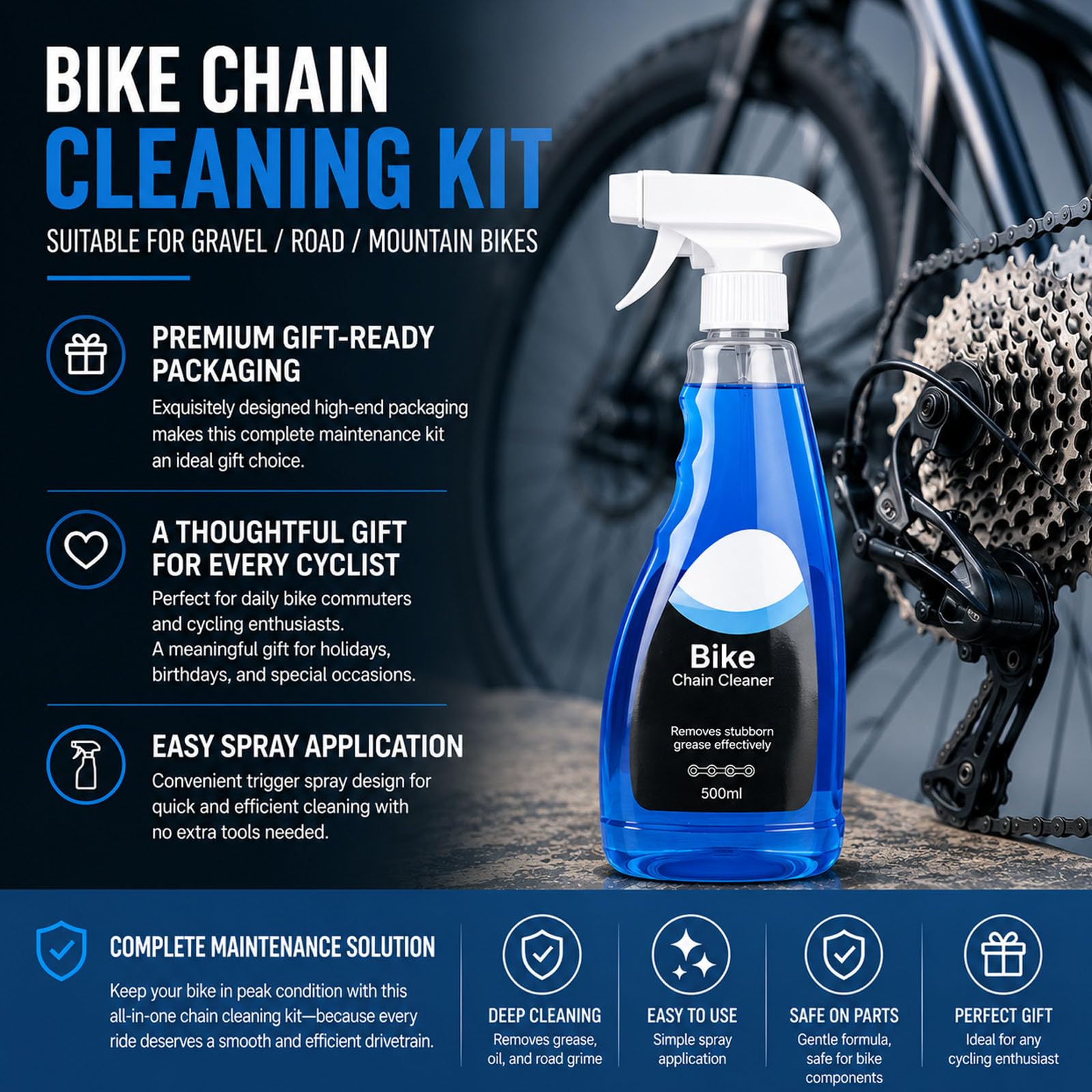 Kit de nettoyage de chaîne de vélo, dégraissant non moussant avec brosse et fil à engrenages pour vélos de gravier/route/VTT (2)