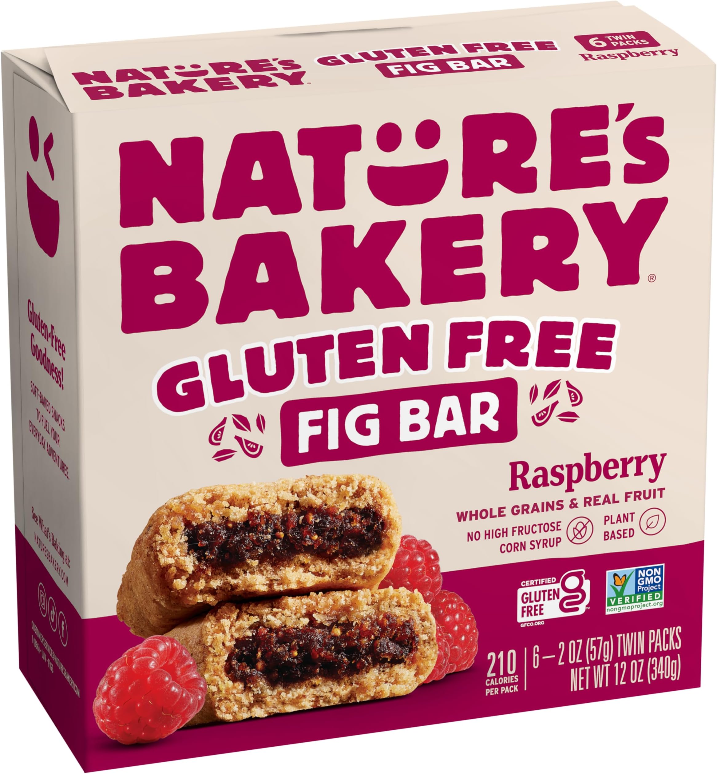 Nature’s Bakery Gluten Free Fig Bars, Raspberry, Real Fruit, Vegan, Non-GMO, Snack Bar, 1 box with 6 twin packs (6 twin packs)