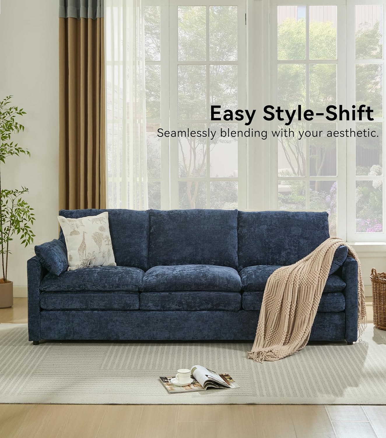 Tbfit Modern Couch, 89" Cloud Sofa Spring Seat Cushions, Comfy 3-Seater w/Pillows, Chenille Fabric Removable Covers, Soft Upholstered Living Room Furniture, Home Apartment, Blue | Ultra Soft Cushions, Dual-layered Cushion, Pocket Spring, Cloud Comfort, Premium Chenille