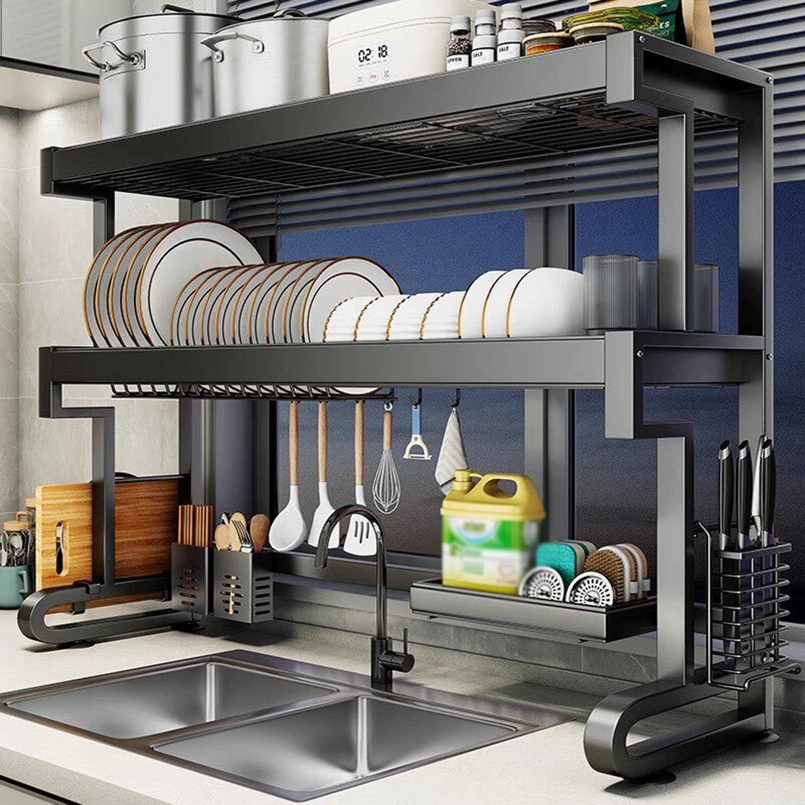 Escurridor de platos sobre fregadero, acero inoxidable, 2 niveles, ajustable, para platos, vasos, cuencos y cubiertos, organizador de cocina que ahorra espacio