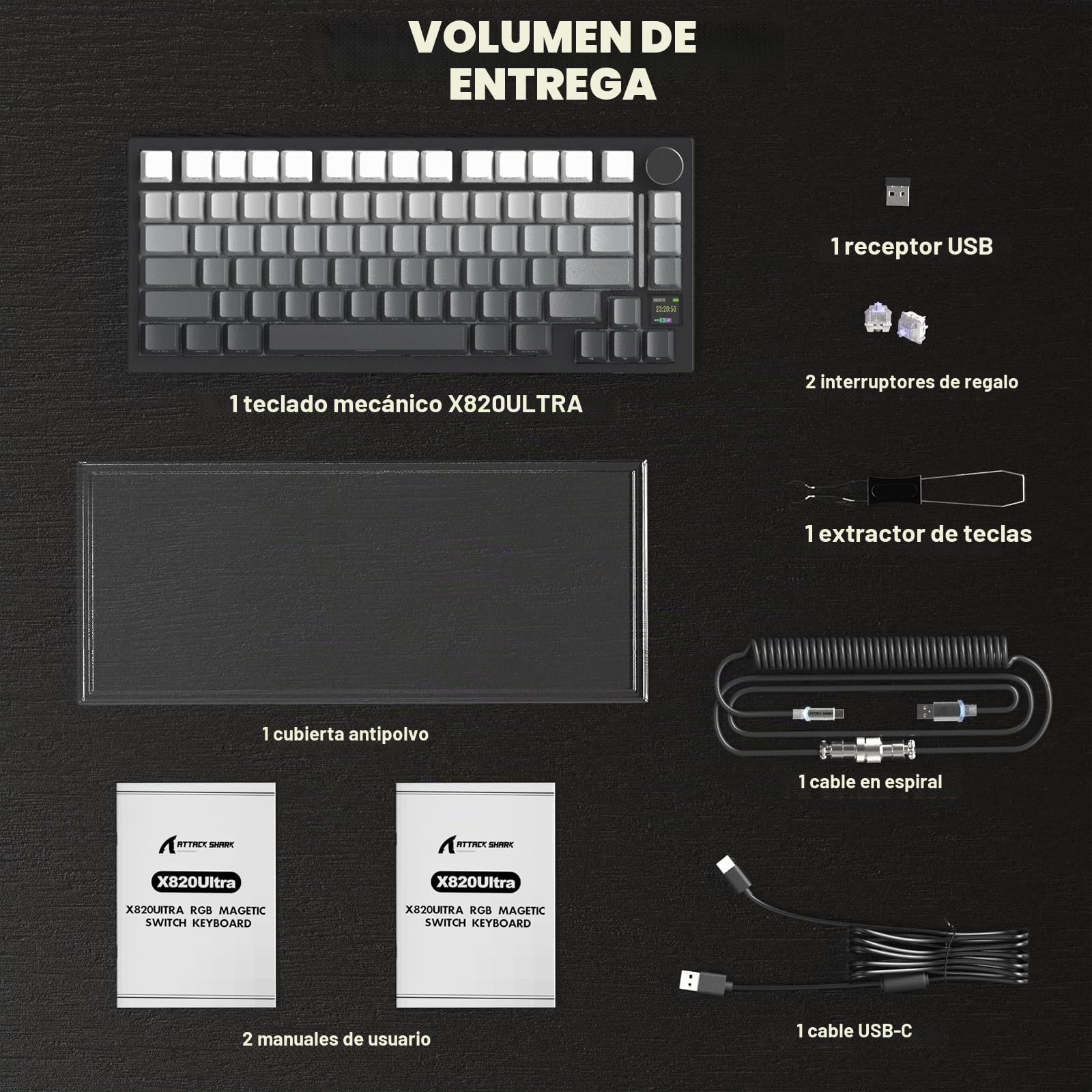 A.JAZZ X Attack Shark X820Ultra Teclado Mecánico Inalámbrico & Coile Cable | 2.4G/BT/USB-C, Diseño 75% 80Teclas con Pantalla TFT Inteligente Color & Perilla CNC, RGB Hot-Swap, 4000mAh-Negro/Gift Switch