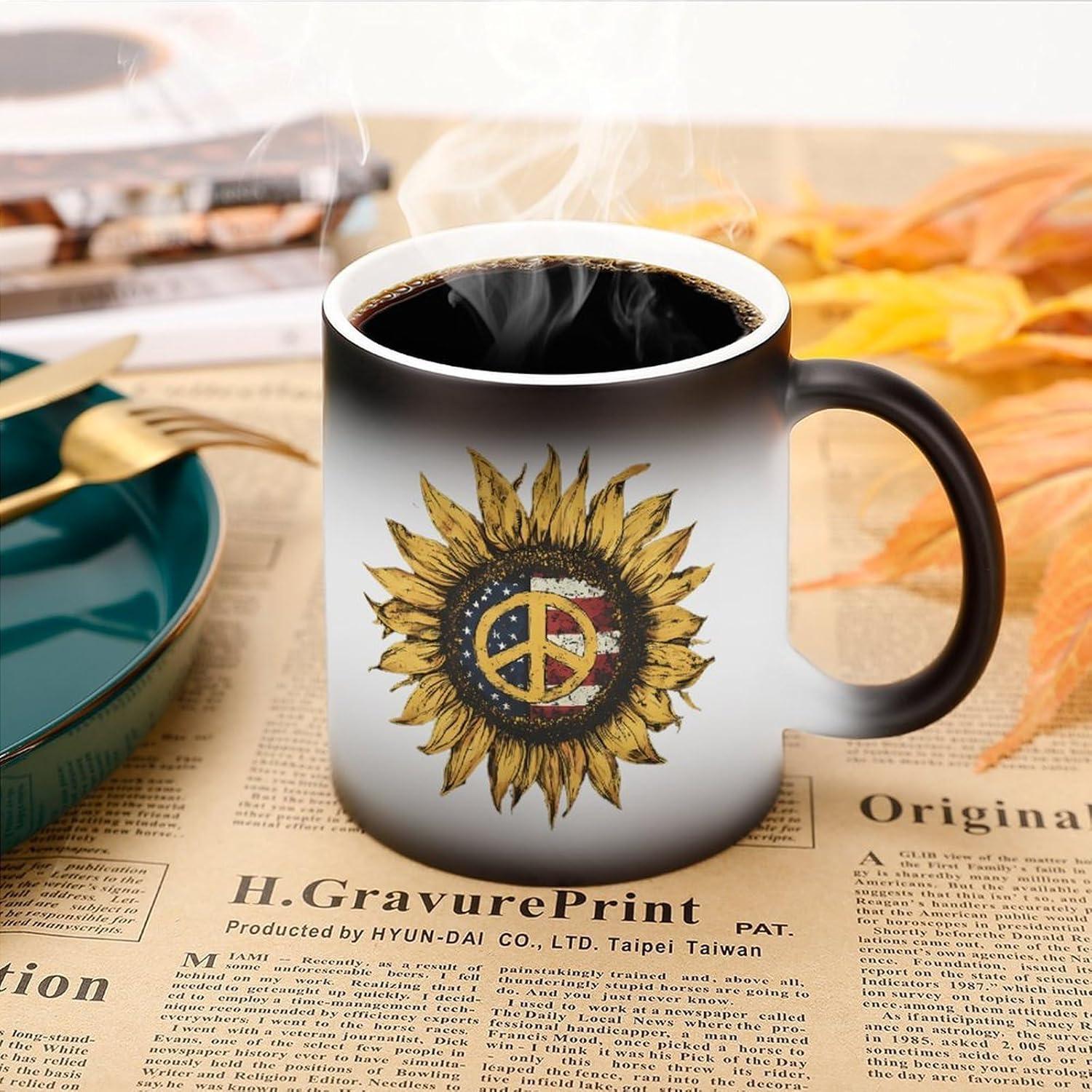 Peace Sign U.S. Flag Sunflower Funny Color Changing Coffee Mug Ceramic Magic Cup Personalized Discoloration Tea Mugs