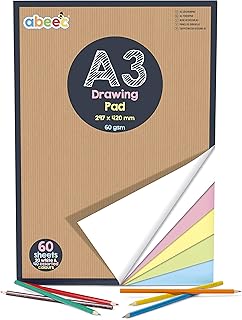 abeec A3 Drawing Pad – A3 Paper Pad with 20 Sheets of White Paper and 40 Sheets of Assorted Coloured Paper – Sketch Pad with A3 White Paper and Pastel Paper