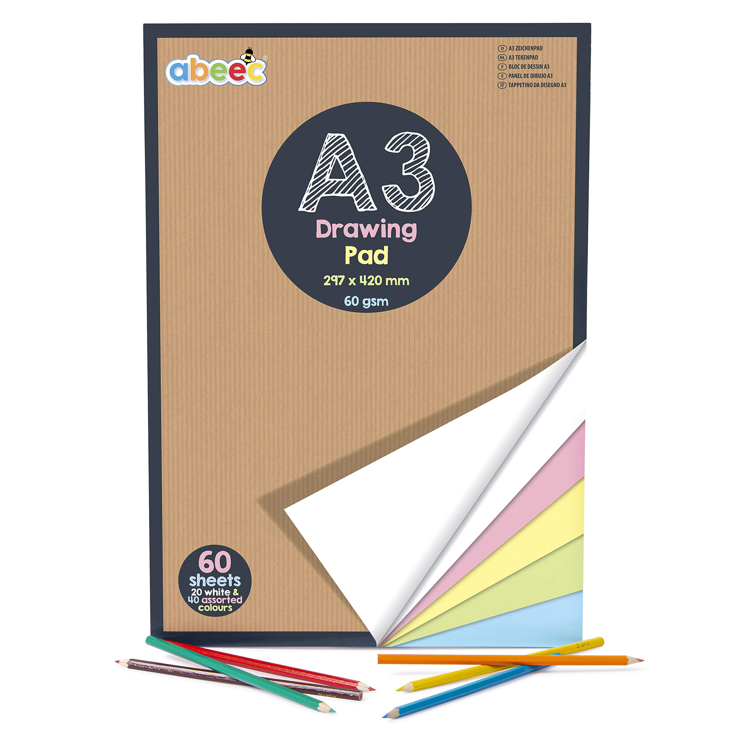 abeec Bloc de dibujo A3 - Bloc de papel A3 con 20 hojas de papel blanco y 40 hojas de papel de colores surtidos - Bloc de dibujo con papel blanco A3 y papel pastel