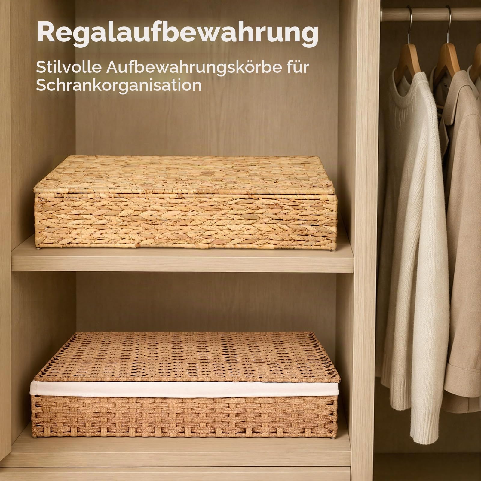 Unterbett Aufbewahrungsbox (Natur - PE-Rattan, Mit Deckel) | Großer handgeflochtener Unterbettkorb 78 x 50 x 16 cm mit Metallrahmen für Kleidung, Decken, Spielzeug und Schrank