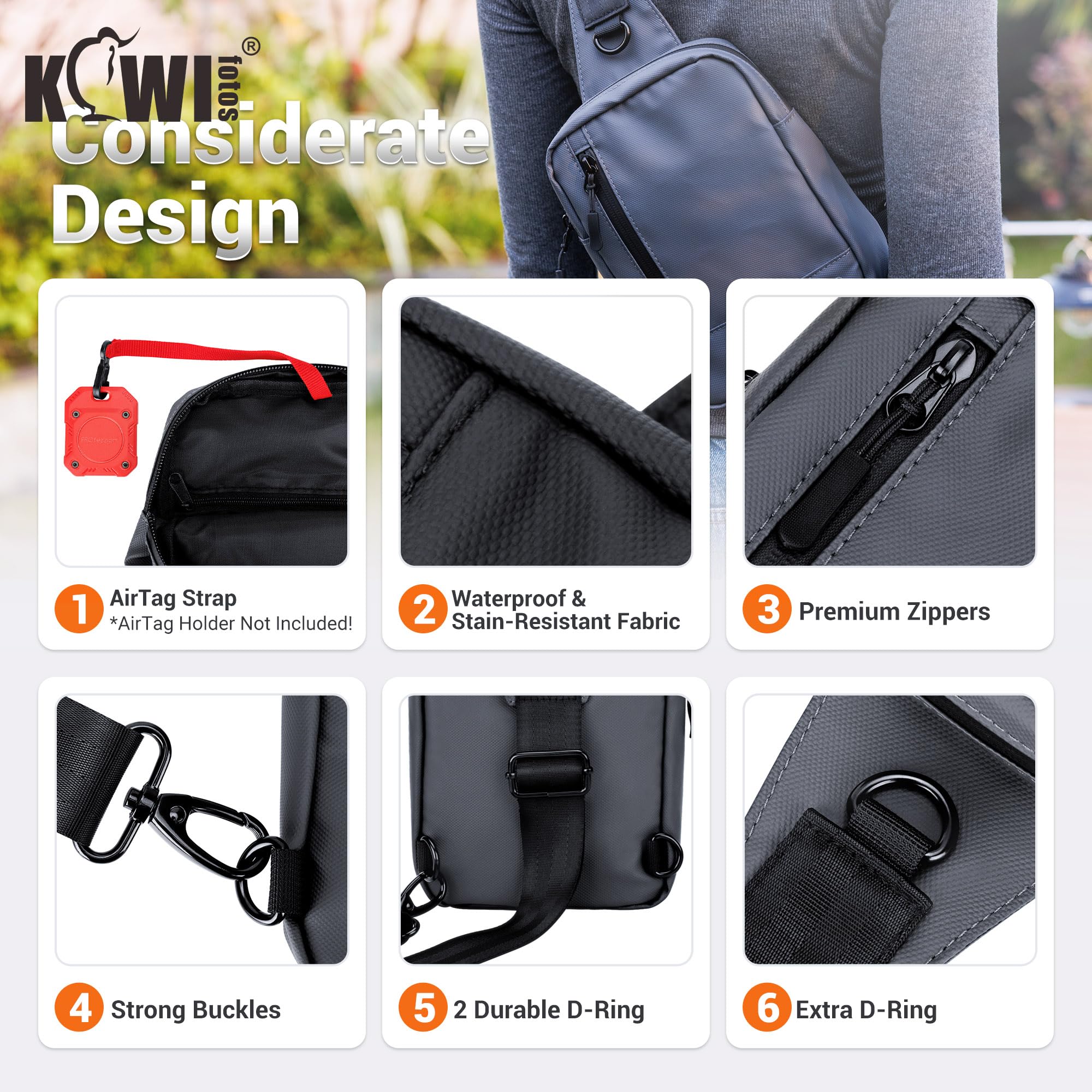 Kiwifotos Borsa a tracolla piccola Borsa a tracolla per uomo e donna Borsa a petto resistente all'acqua con cerniera, borsa a tracolla per viaggi, campeggio e sport all'aria aperta